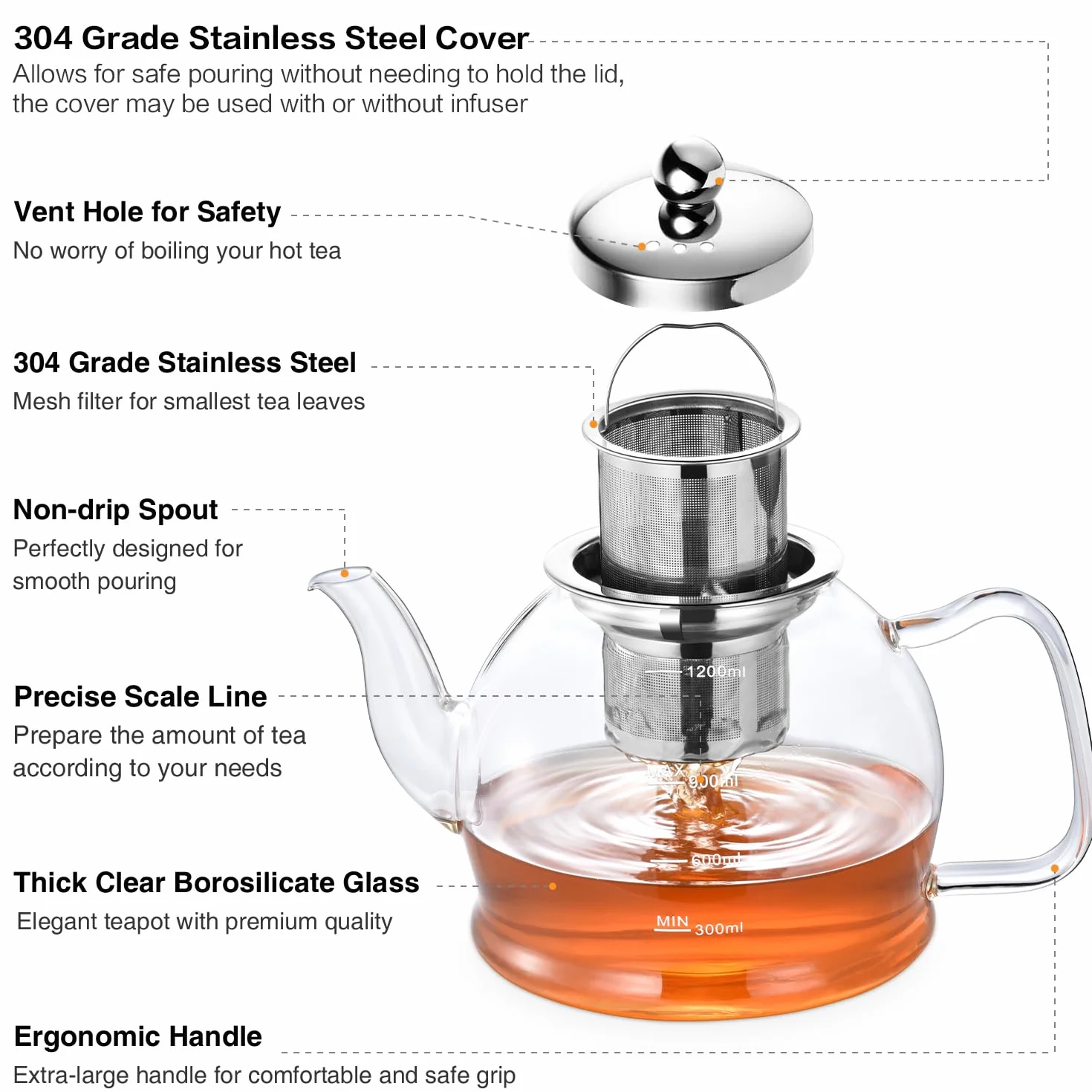 Tetera, STNTUS 1200ml Teteras de Cristal con Infusiones da Acero Inoxidable, Infusor de Te Tetera Vidrio para Estufa y Gas