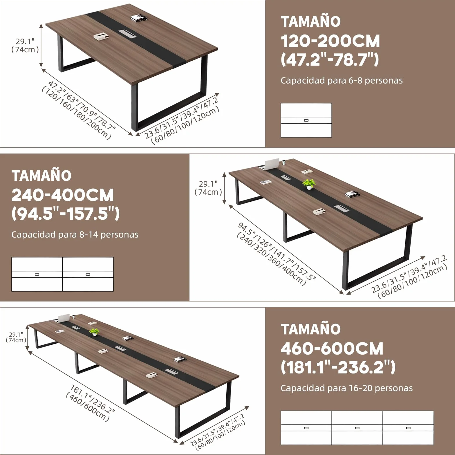 Mesa de Reuniones Grande, Mesa de Conferencias Moderna con Conducto para Cables y Estructura de Metal Negro, Rectangular, para 8-12 Personas, Ideal para Oficina y Sala de Seminarios