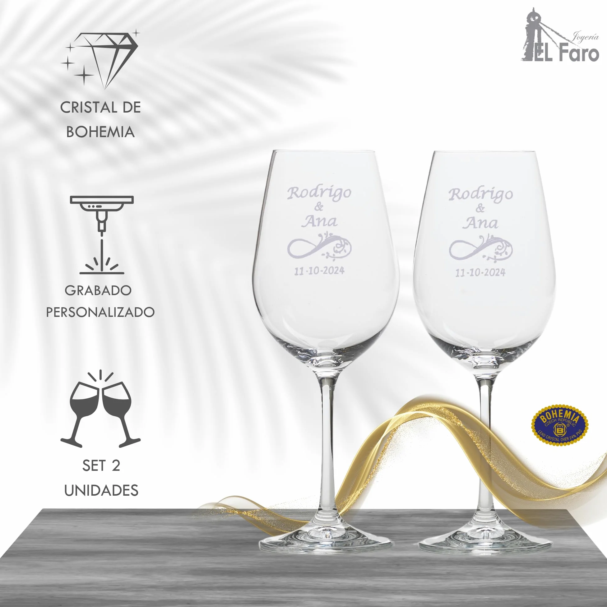JOYERIA EL FARO | Copas de vino personalizadas | Estuche premium incluido | Brinda y celebra el amor (Infinito)