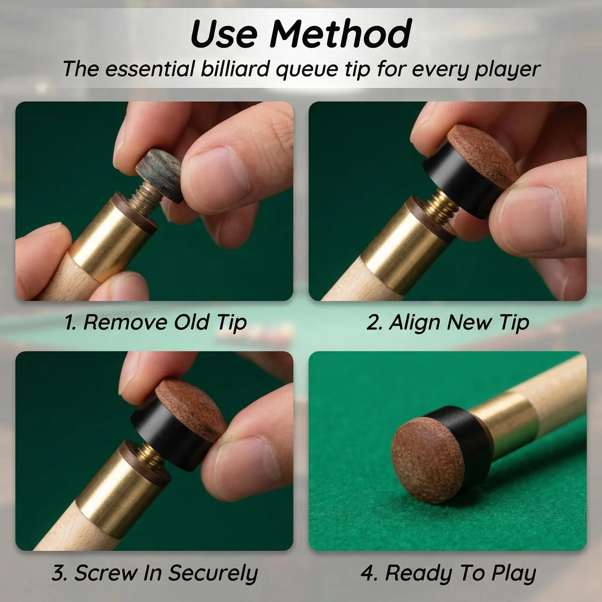 20 puntas de billar para taco de billar de 10 mm con tornillo de latón macizo, manguito de rosca de piel, resistente a la rotura para billar y snooker, reparación inmediata sin pegar