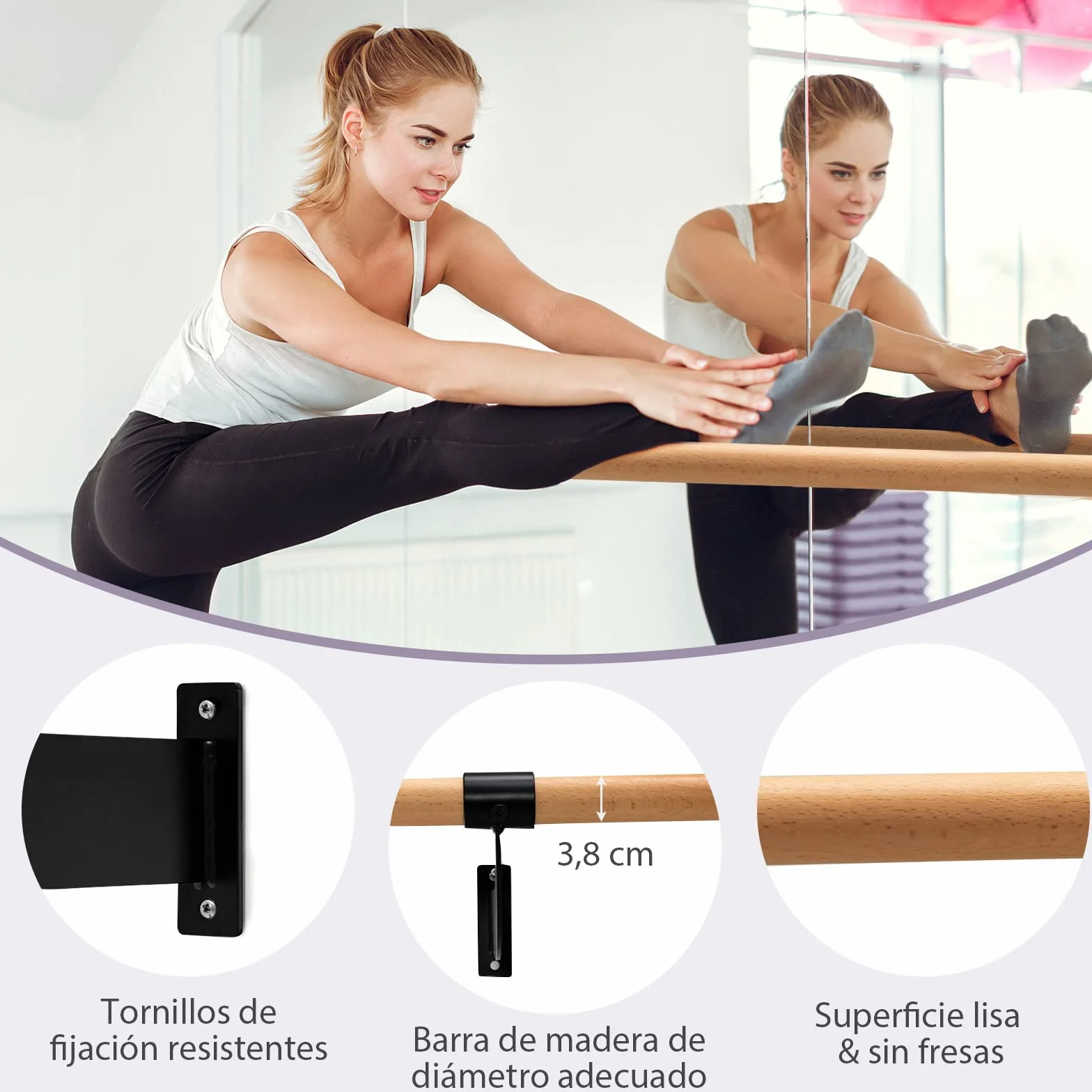 COSTWAY Barra de Ballet de Pared 120 cm, Altura Fija para Yoga, Estiramiento, Entrenamiento