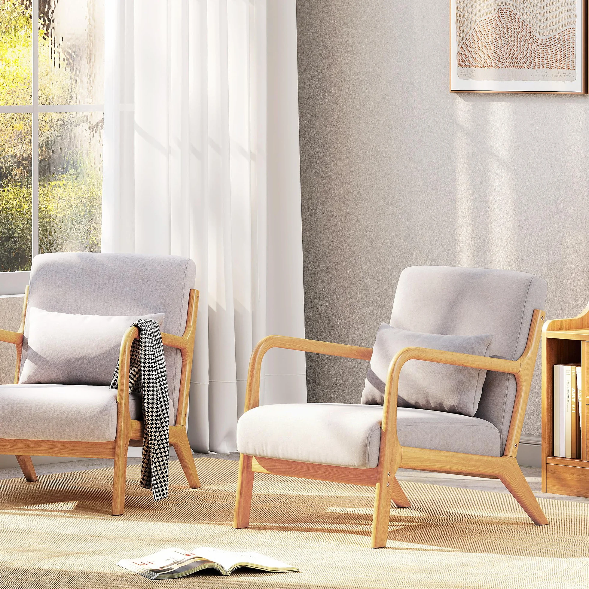 HOMCOM Butaca de Salón Butaca Nórdica Sillón de Salón con Reposabrazos Cojín y Marco de Madera de Caucho para Dormitorio Carga 120 kg 61x78x76 cm Gris