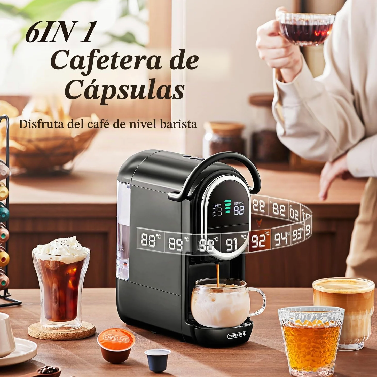 CAFELFFE Máquina de Café Espresso en Cápsulas MK-609S 6 en 1,Infusión Caliente/Fría,Compatible con Nes Original/DG/ESE/K Cup/Té/Café Molido