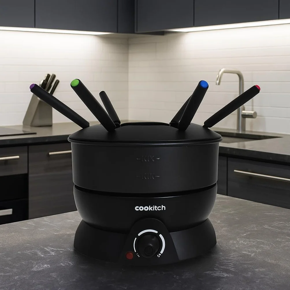 Fondue Eléctrico para 6 Personas, Fondue para Queso, Chocolate, Carne, Caldo y Más, Capacidad de 1.3L, Antiadherente, Termostato Regulável