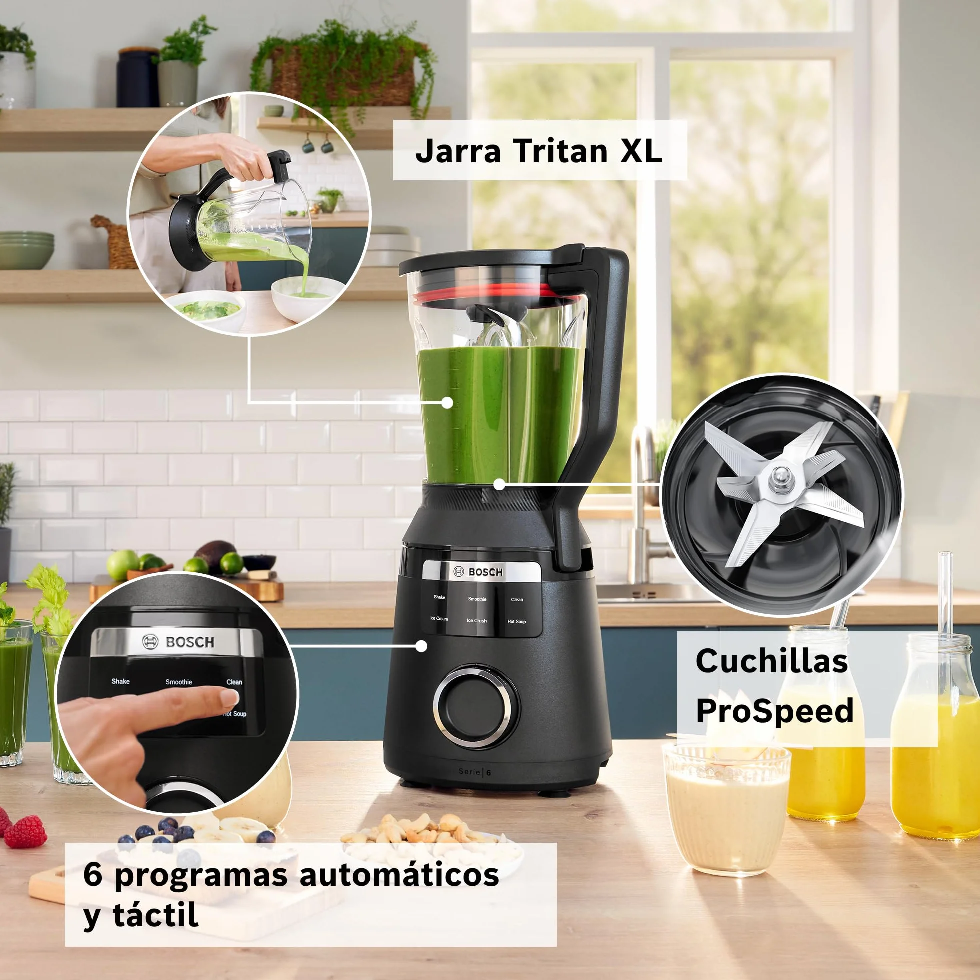 Bosch - Batidora de vaso VitaPower Serie 6, motor de 1800 vatios, velocidad del motor de hasta 45.000 rpm, 6 programas automáticos, jarra batidora Tritan, negro, MMB6652B