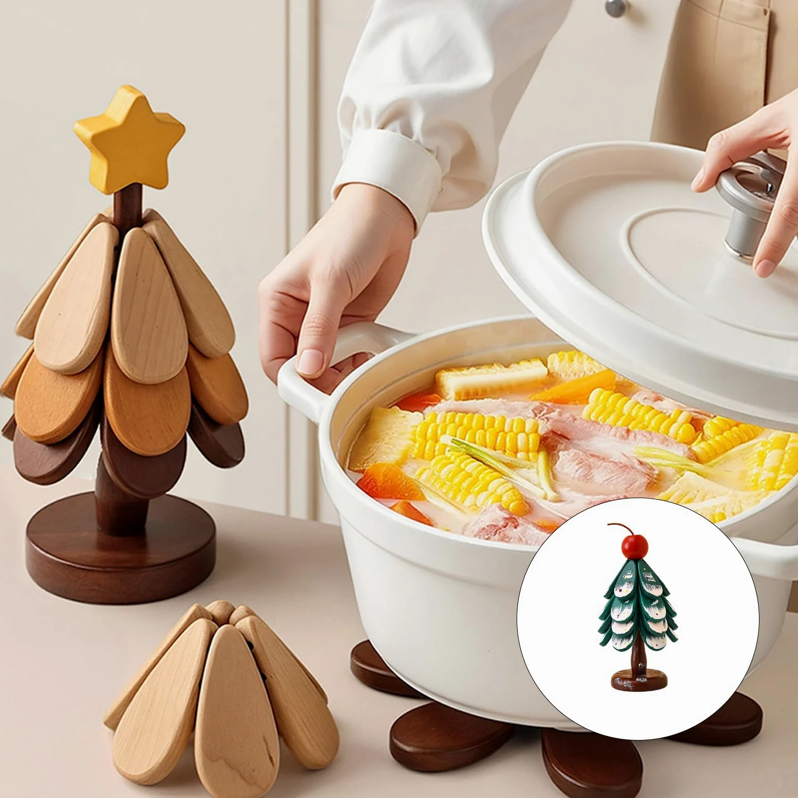 Juego de manteles individuales de Navidad, salvamanteles de madera, posavasos, salvamanteles de madera para platos calientes, soporte para sartén caliente, juego de salvamanteles para árbol de Navidad