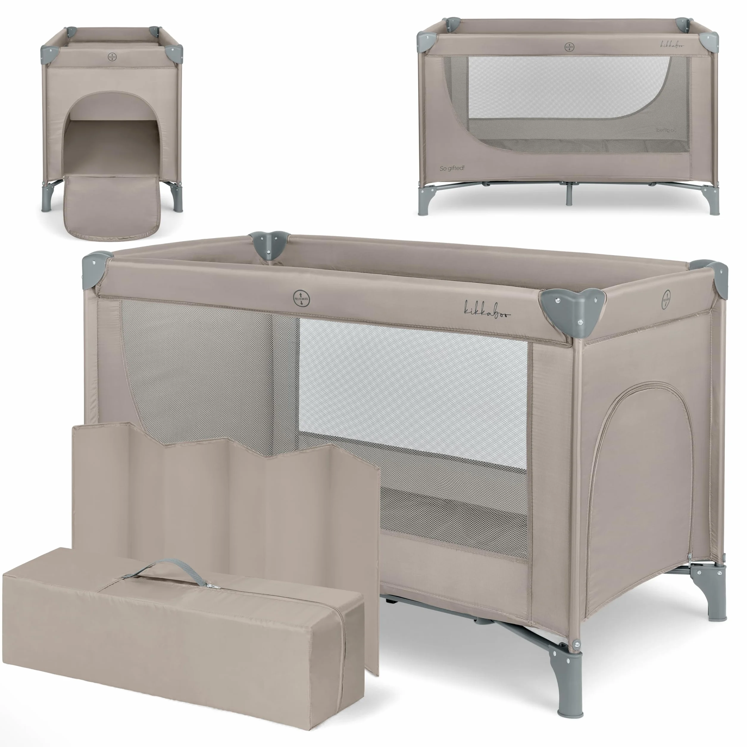 KikkaBoo Cuna de Viaje SO Gifted 2026 120x60 cm hasta 15 kg, Parque Plegable con Bolsa de Transporte, Beige