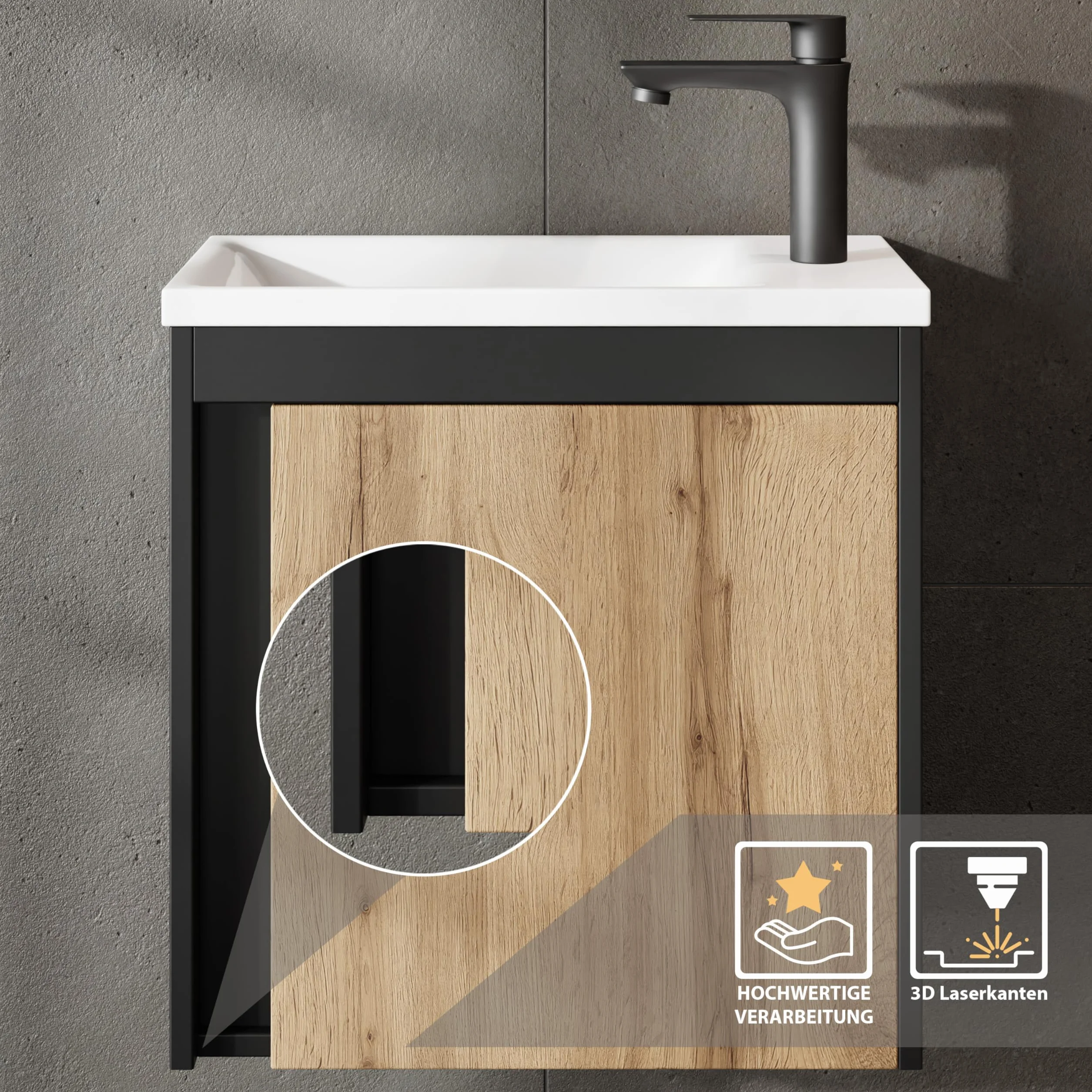 Planetmöbel Juego de muebles de baño de 2 piezas, Lavabo con armario inferior, 50 x 48,3 x 24,8 cm, Negro Mate/roble Wotan, Armario bajo lavabo con lavabo blanco