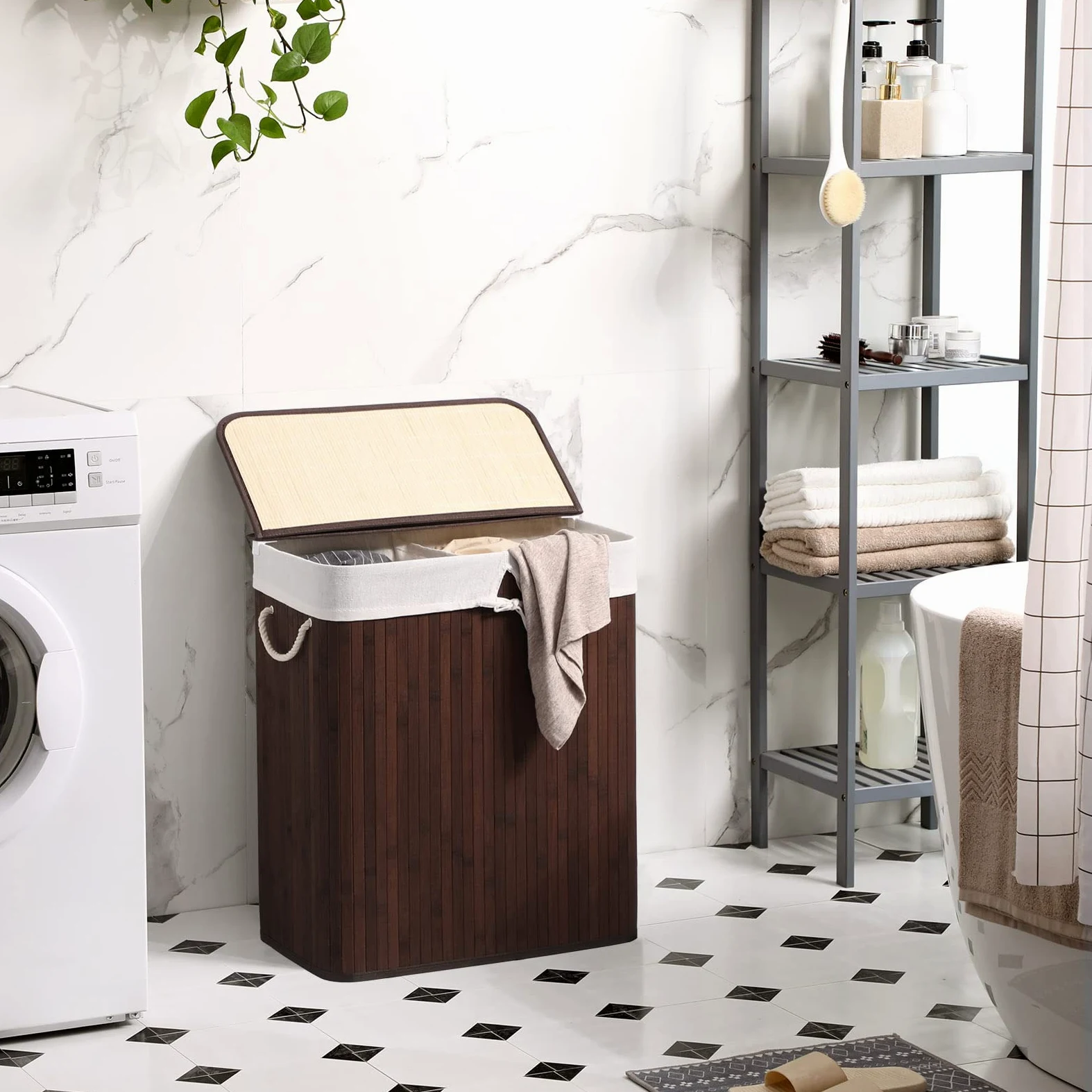 SONGMICS Cesto Ropa Sucia, 100 L, Cesta Colada 2 Clasificaciones, con Tapa, Bambú, con Asas, Plegable, Bolsa Interior Extraíble y Lavable a Máquina, para Lavandería, Dormitorio, Marrón LCB72Z