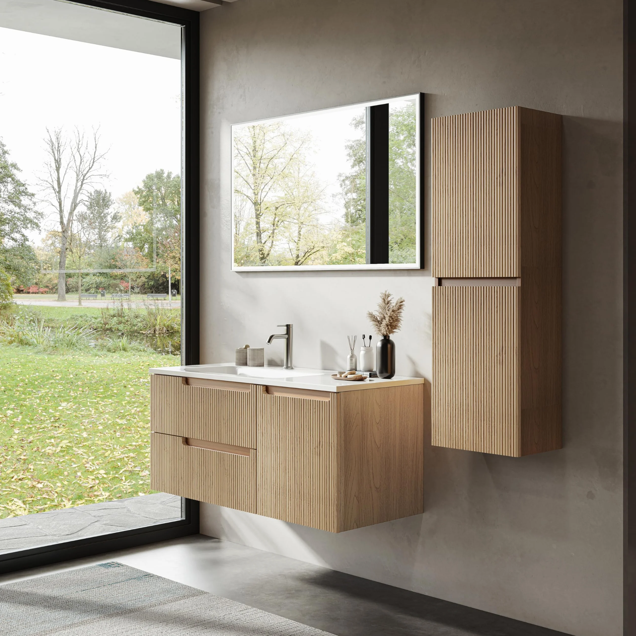Mueble de Baño Suspendido de 100 cm con Lavabo de Resina Mineral, 2 Cajones y 1 Puerta, Ultrafino, Cierre Suave, Frontal Acanalado – Apto para Baños Grandes – Golden Sand