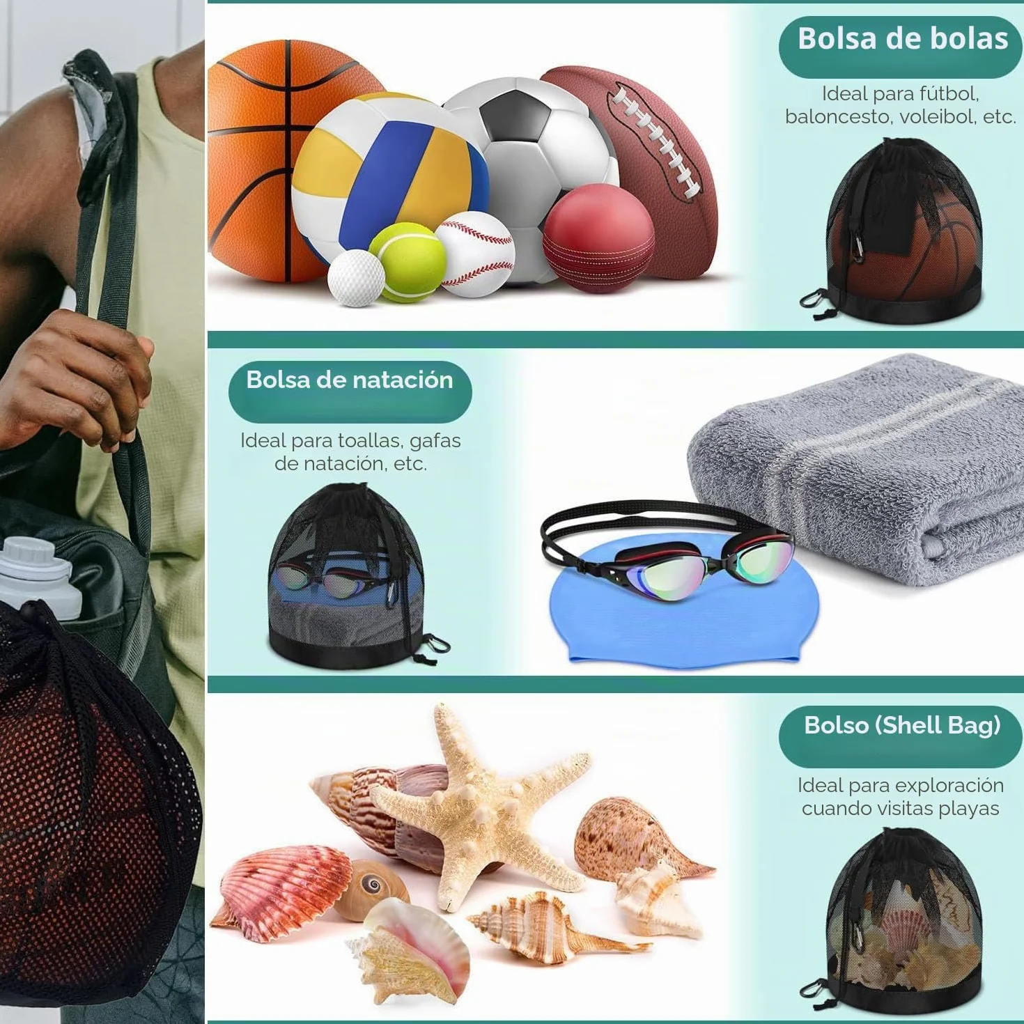 Bolsa de Baloncesto con Cordón, Red para Pelotas, Mochila Portátil de Balones