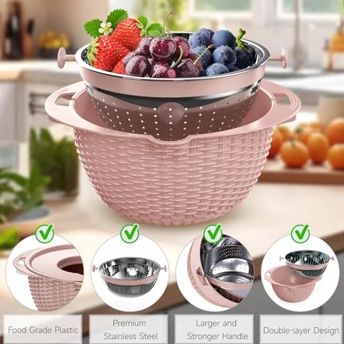Juego de colador con cuenco para mezclar, colador de alimentos de cocina para pasta, arroz, frutas y verduras, ideal para preparación de ensaladas y artículos esenciales para el hogar