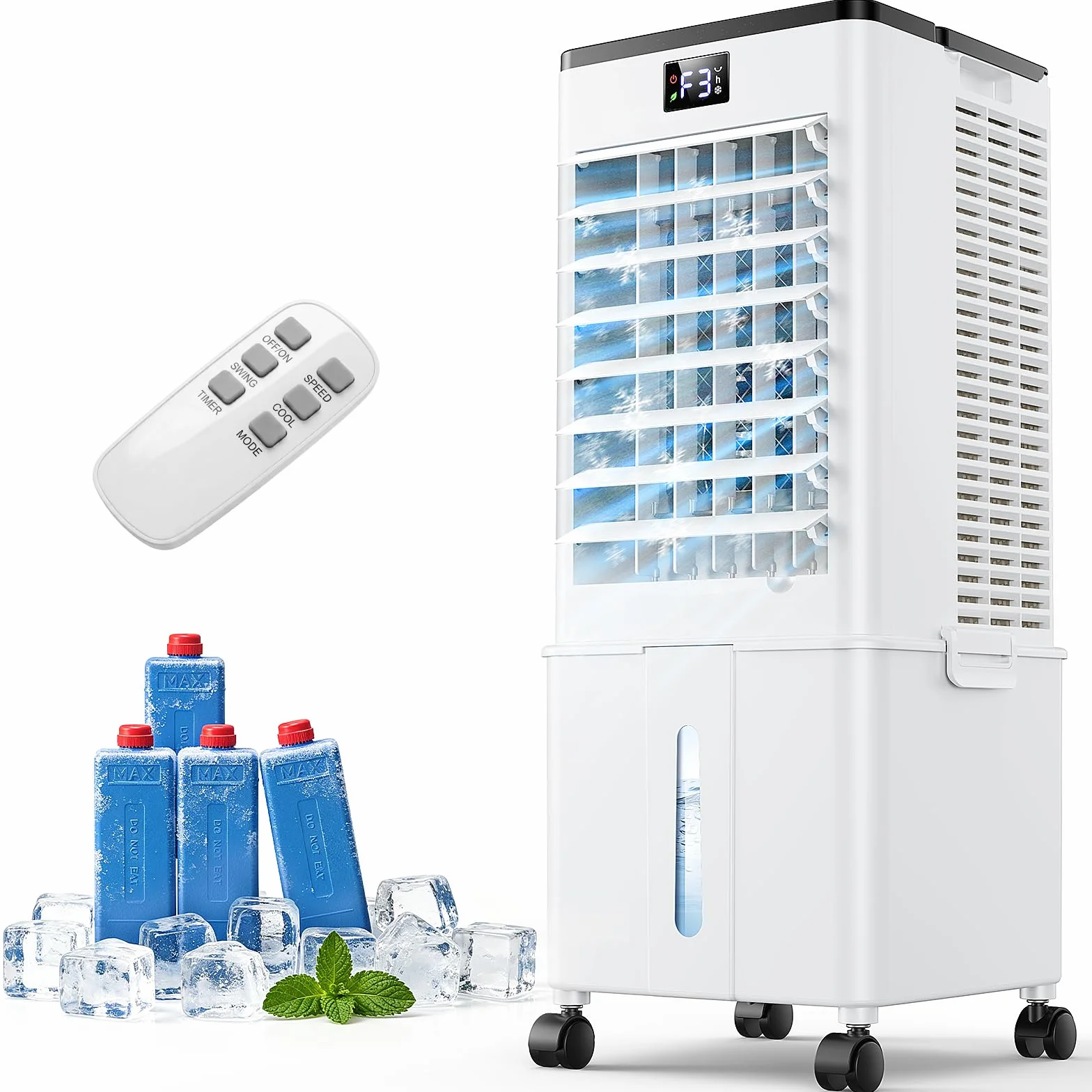 Aire Acondicionado Portátil 10L, Enfriador de Aire Evaporativo 4 en 1, Climatizador con 4 Modos y 3 Velocidades, Temporizador 1-12H,120°Oscilación Automática y para Hogar y Oficina（Blanco Mate）