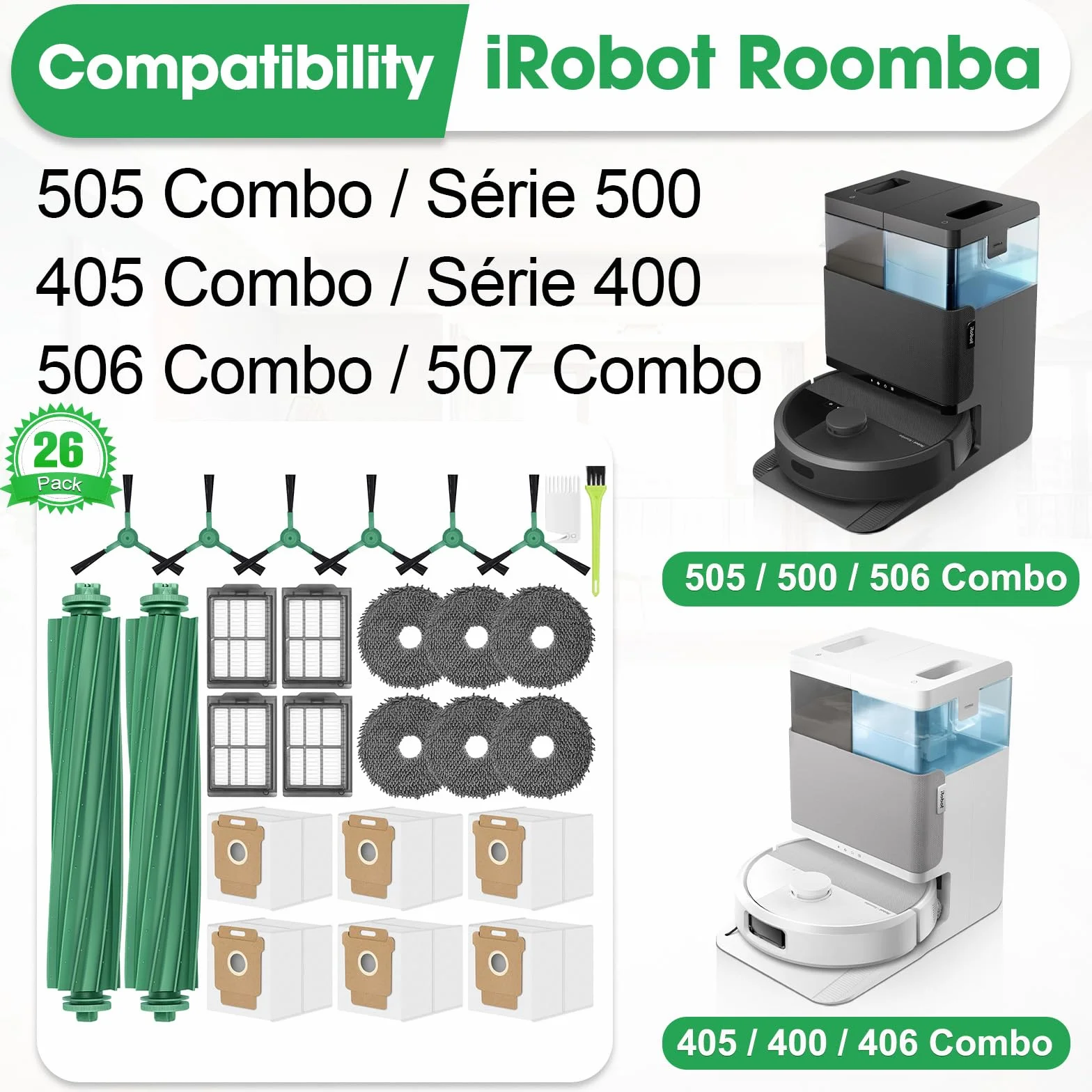 505 Accesorios Recambios para iRobot Roomba Plus 505/405 / 500/400 / 506/507 Combo Repuestos Piezas Kit 6 Bolsas Polvo 2 Cepillos Principales 6 Cepillos Laterales 4 Filtros 4 Paños