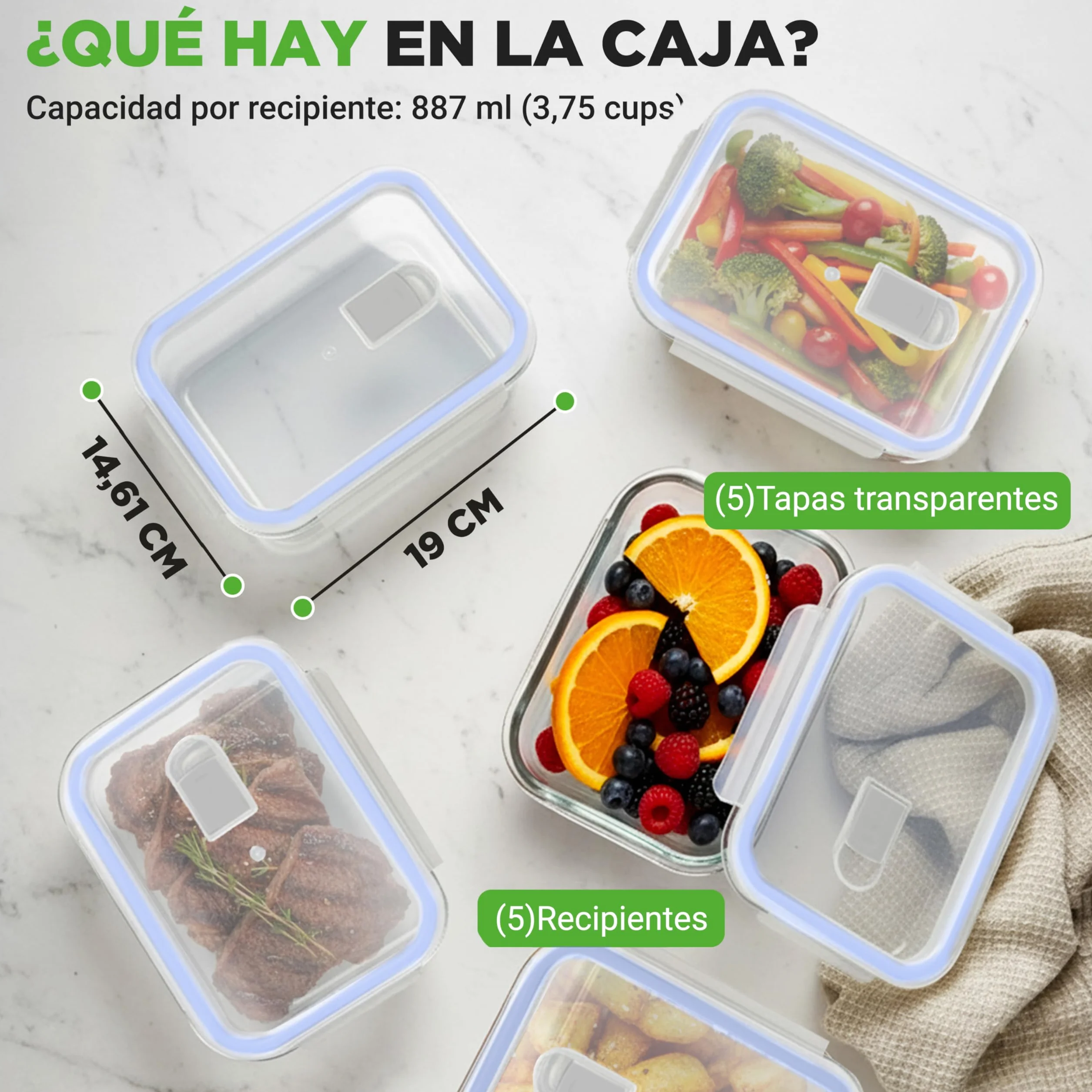 Nutrichef tuppers de cristal herméticos con orificio de aire, 5 recipientes apilables y 5 tapas, Aptos para microondas, Horno y congelador, Sin BPA