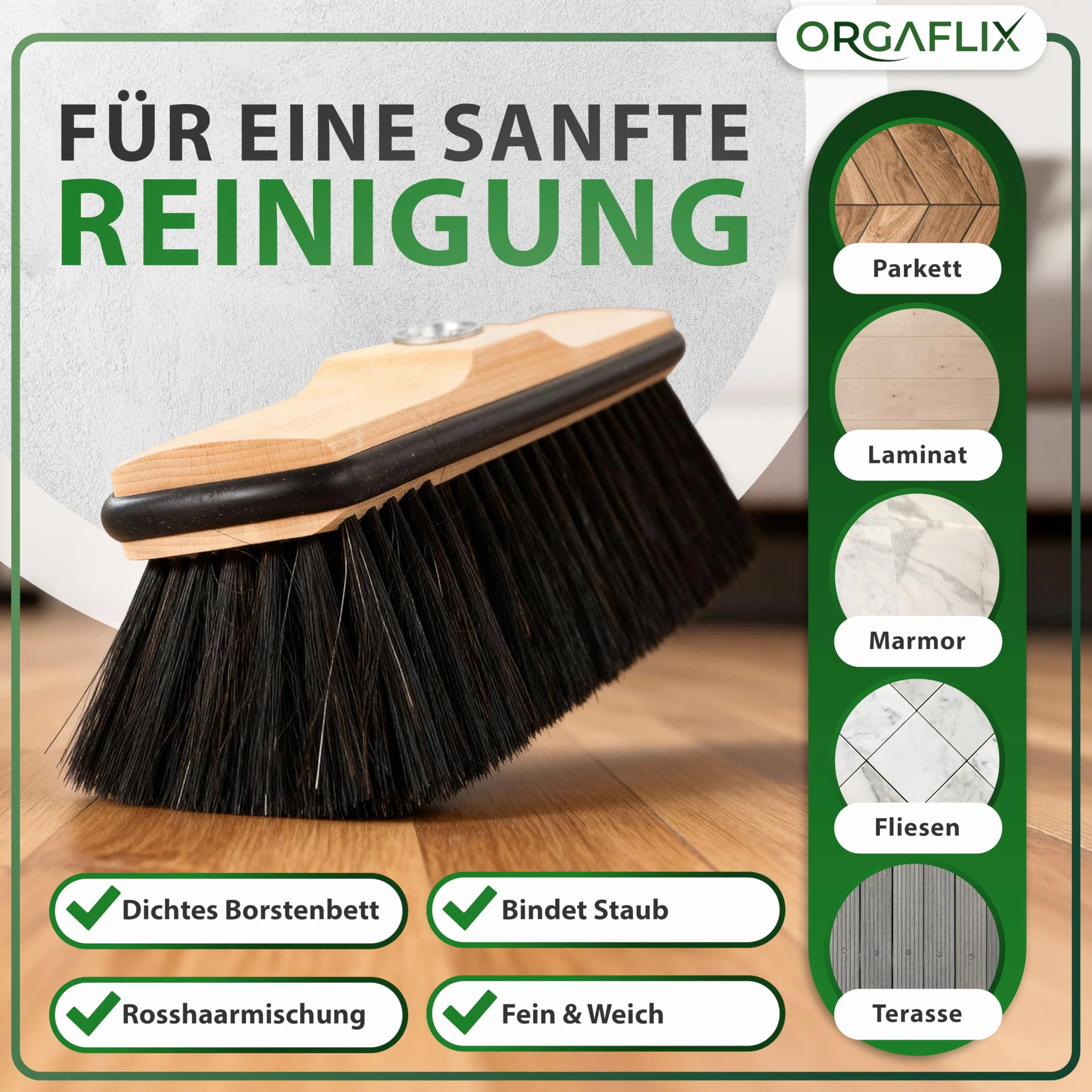 ORGAFLIX Escoba premium sin mango de crin con protección de bordes, 28 cm, extra resistente al polvo gracias a la mezcla de crins de, escoba de habitación