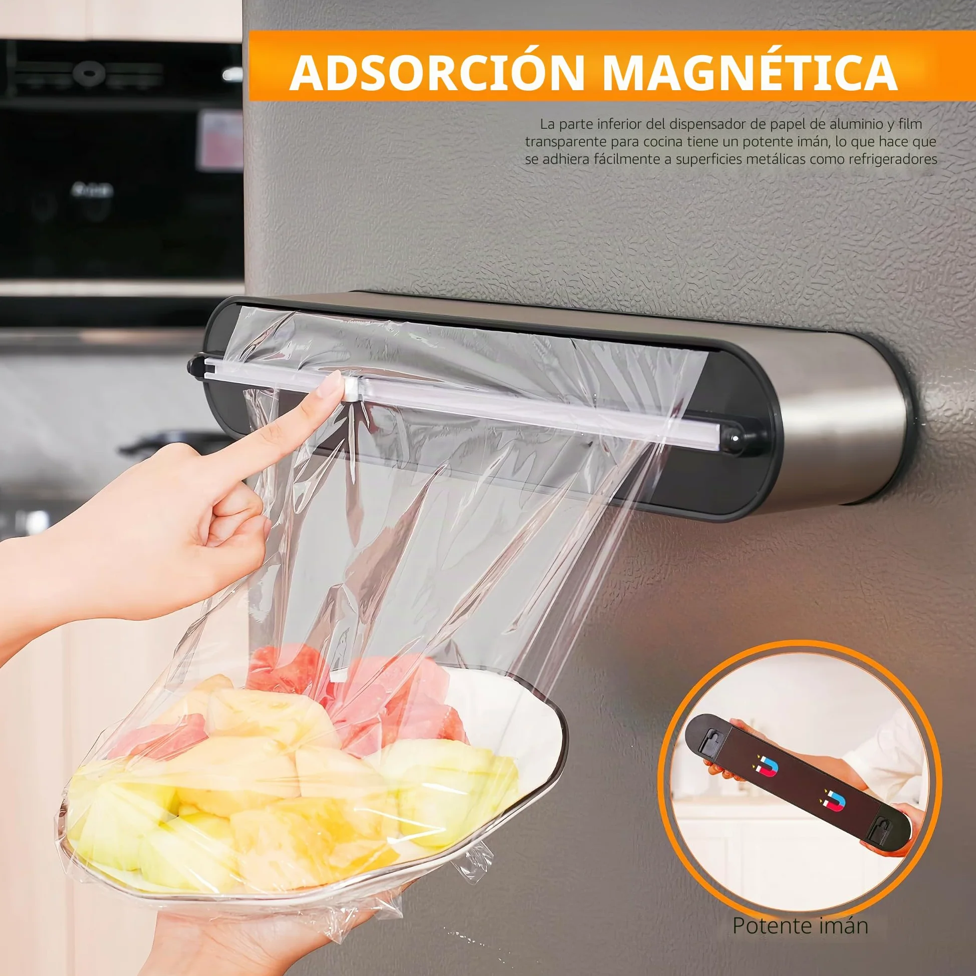 Dispensador Papel Aluminio y Film - Montaje Magnético & Pared sin Taladrar, Cortador Film Transparente, Corte Preciso, Organizador Cocina Profesional - 2 rollos de 100 m, Acero Inox Plata