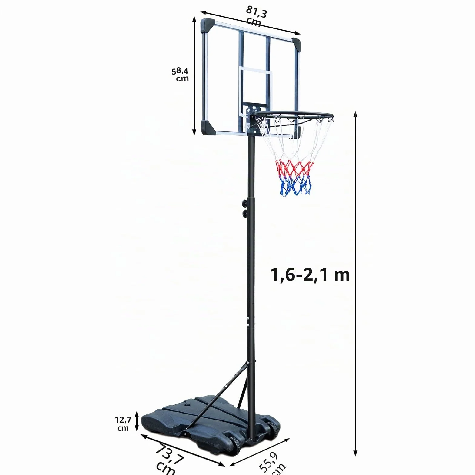 HIONRE Canasta de baloncesto portátil 7 pies tablero trasero transparente altura ajustable 165-213cm negro