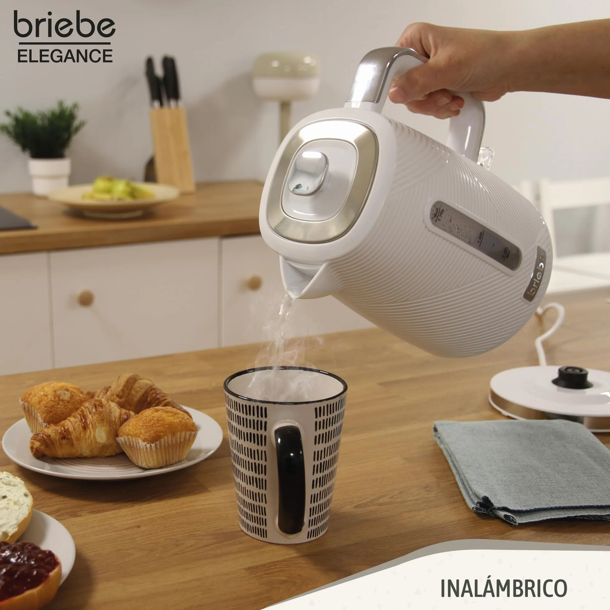 briebe Elegance Set Tostadora Pan Ranura Ancha 2 Rebanadas, 7 Niveles Tostado + Hervidor Agua Eléctrico 1,7L Inalámbrico, 2200W Ebullición Rápida, Libre BPA, Pack Desayuno Diseño Moderno Blanco