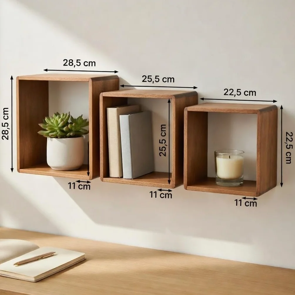 Juego de 3 Cubos Estantes de Pared Set de 3 Cubos Flotantes de Álamo 22,5/25,5/28,5 cm Estanterías Cuadradas para Decoración Libros Plantas y Objetos Organizadores de Pared (Marron)