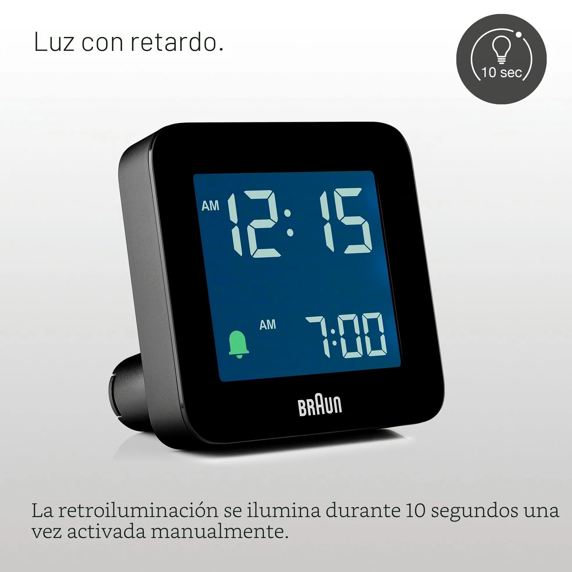 Braun Reloj Despertador Digital Snooze, Pantalla LCD Negativa, configuración rápida, Alarma Crescendo Beep en Negro, Modelo BC09B