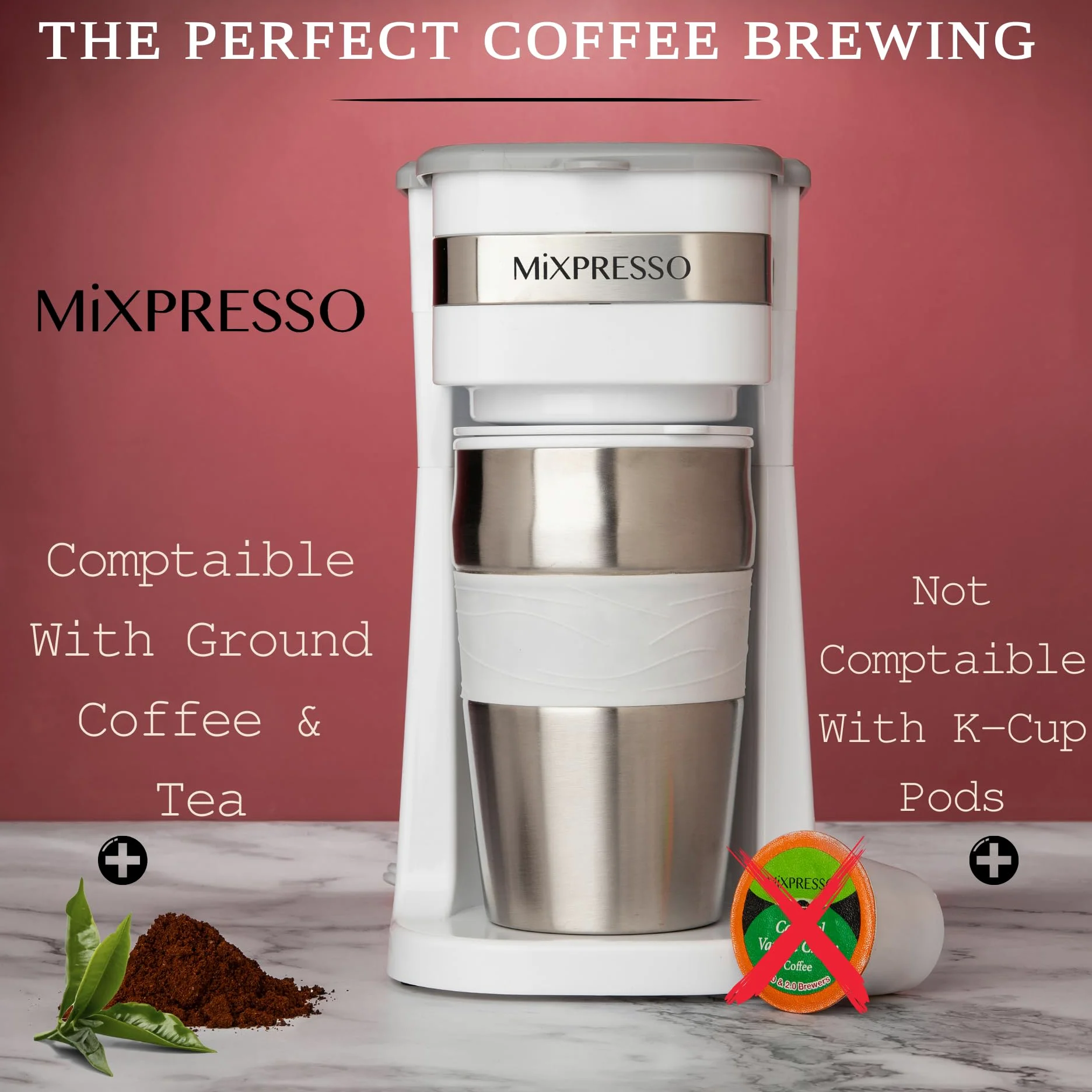 Mixpresso Cafetera personal blanca de una sola porción con taza de viaje de 14 onzas, cafetera pequeña de goteo con apagado automático, filtro reutilizable, funciona solo con café molido, no para