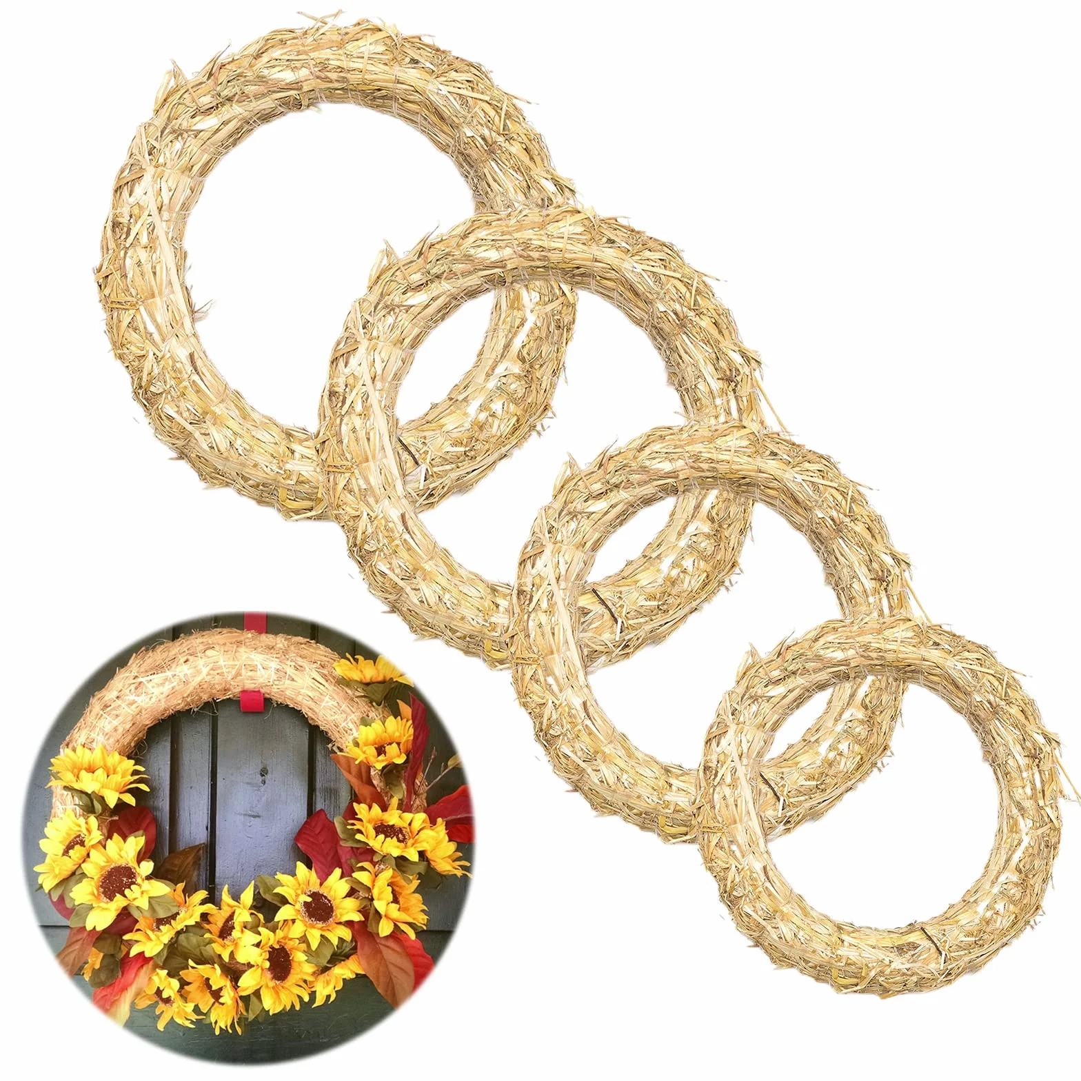 Ltsbead Corona de Paja para Puerta Corona de Paja Natural Coronas de Paja en Decoración para Colgante de Adorno para Puerta Pared (Ø 15 cm/2.5 cm Ø 20 cm/3 cm Ø 25 cm/3.5 cm Ø 30cm/3.5 cm) 4 Piezas
