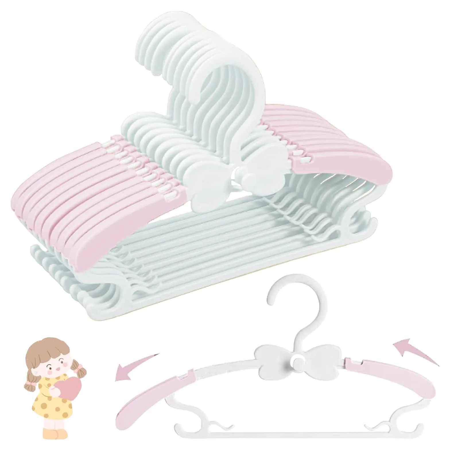 Perchas Bebe Apilables con Ganchos de Mariposa, Plástico Antideslizantes, Juego de 20, Ahorro de Espacio (Rosa + Blanco)