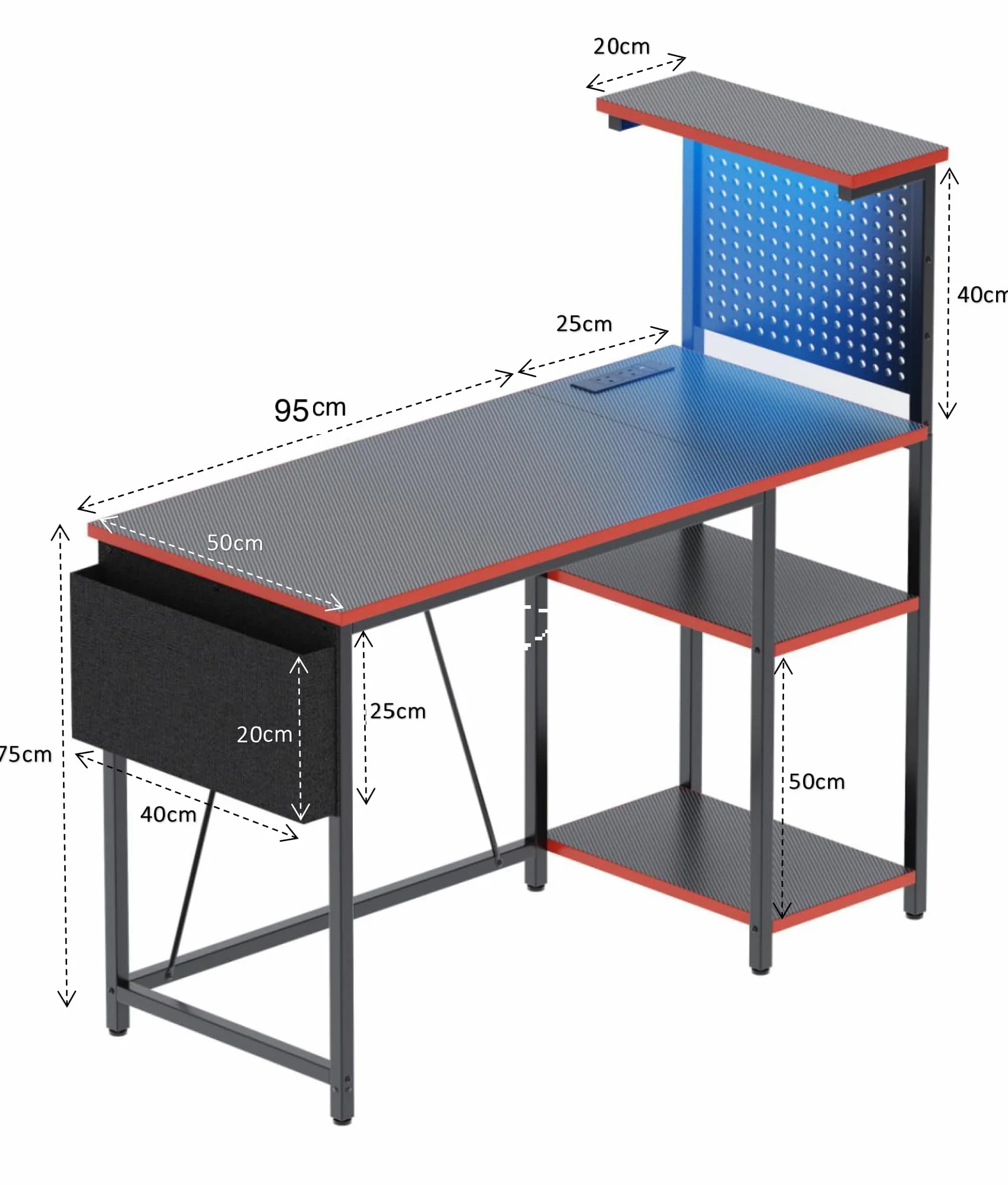 Mesa de Juegos de con Pared Perforada, Enchufe, pequeño Escritorio para Ordenador con estantes Reversibles para Escritorio de Esquina en casa, 120 * 50cm, Negro