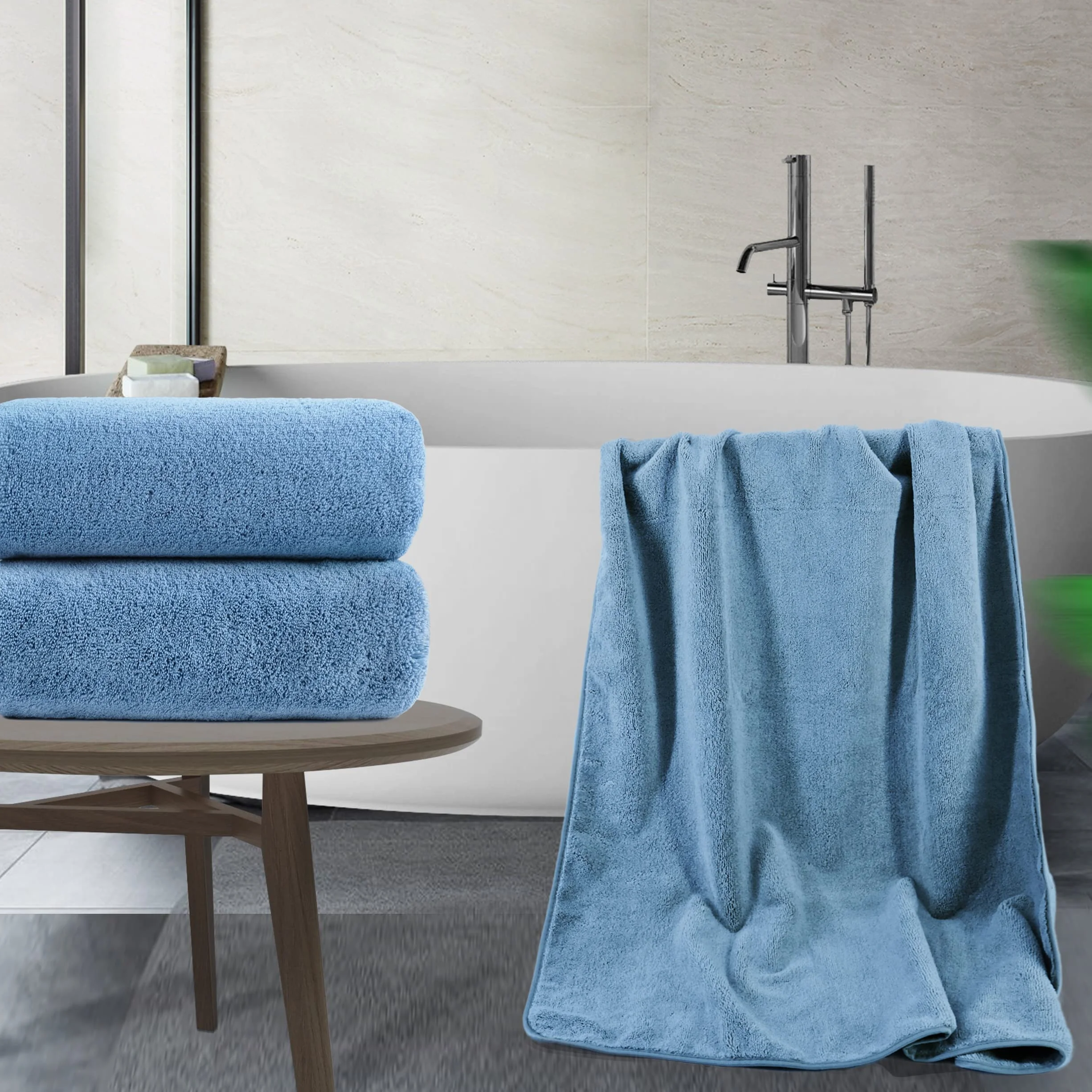 Polyte - Toalla de baño de Microfibra antipelusa - Secado rápido - Premium - 88,9 x 177,8 cm - Pack de 2 (Azul)