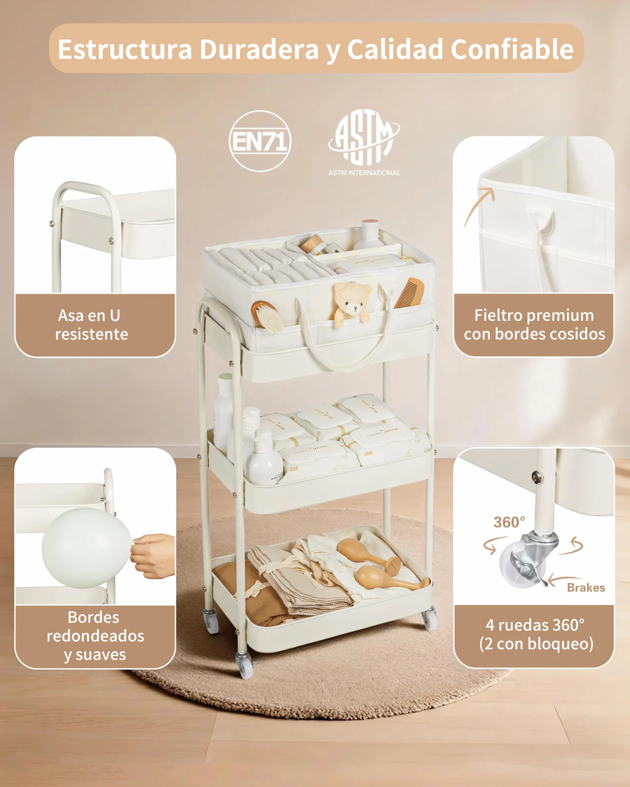 Fortella Carrito Auxiliar 3 Niveles, Cesta Bebe Recien Nacido Fieltro Portátil, Almacenamiento Hogar, Organizador Pañales, Multifuncional Carrito Cocina Baño (Beige)