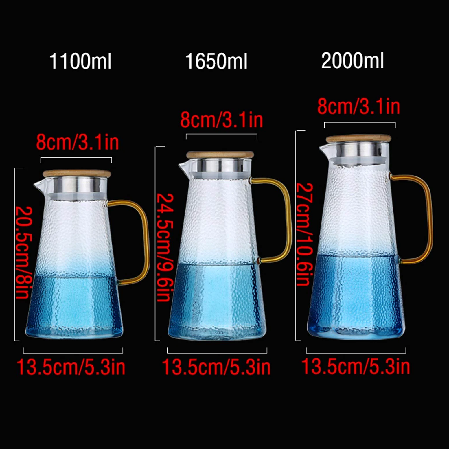 Jarra de Agua Jarra de Cristal Azul con Tapa y Mango Tetera de Vidrio de borosilicato Resistente al Calor fácil de Limpieza para el Jugo, la Leche, Las Bebidas frías o Calientes Teteras de té Helado