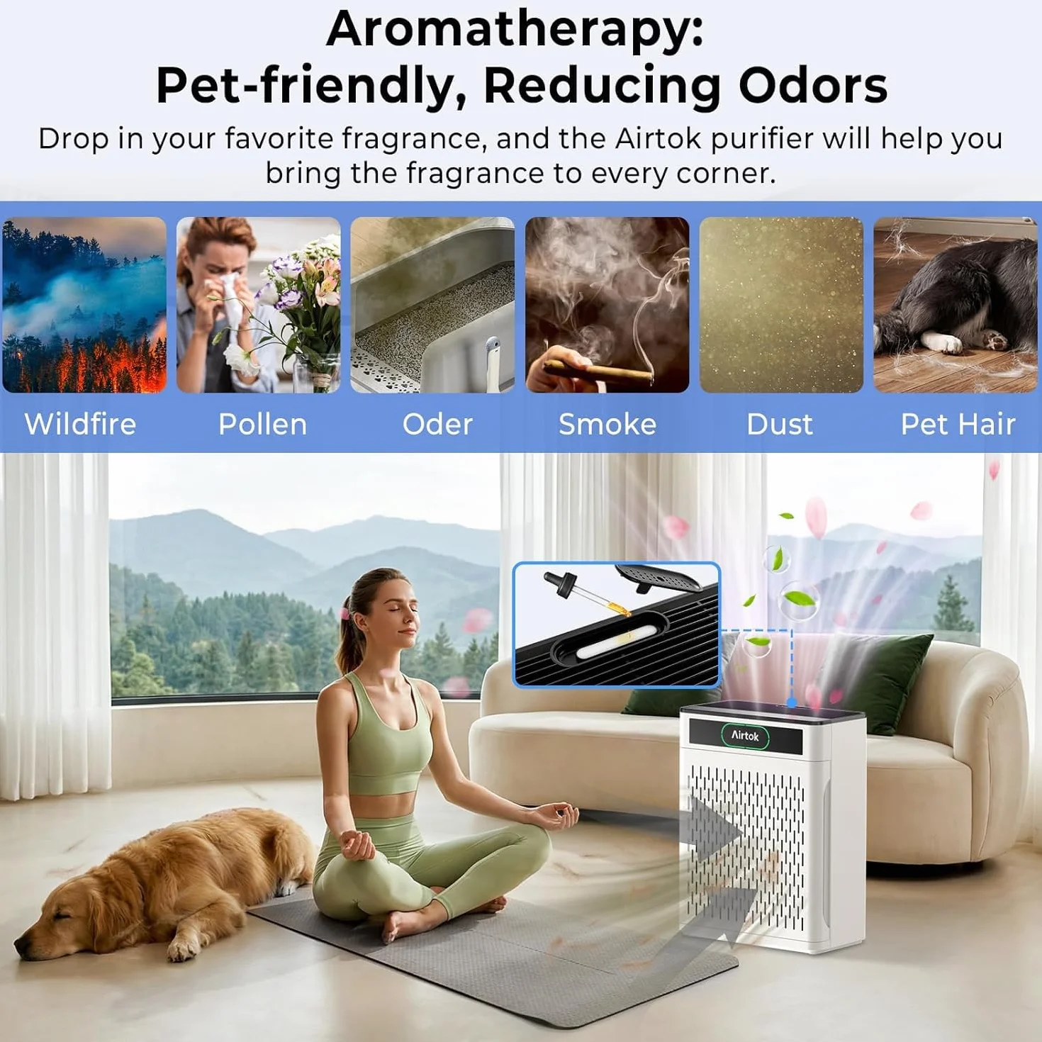 AIRTOK Purificador de Aire, Cubre Hasta 170m², Filtro HEPA Para Alergias, Humo, Caspa De Mascotas y Olores, con Filtro lavable, Modo de sueño, Monitor de calidad de aire PM 2.5, Aromaterapia