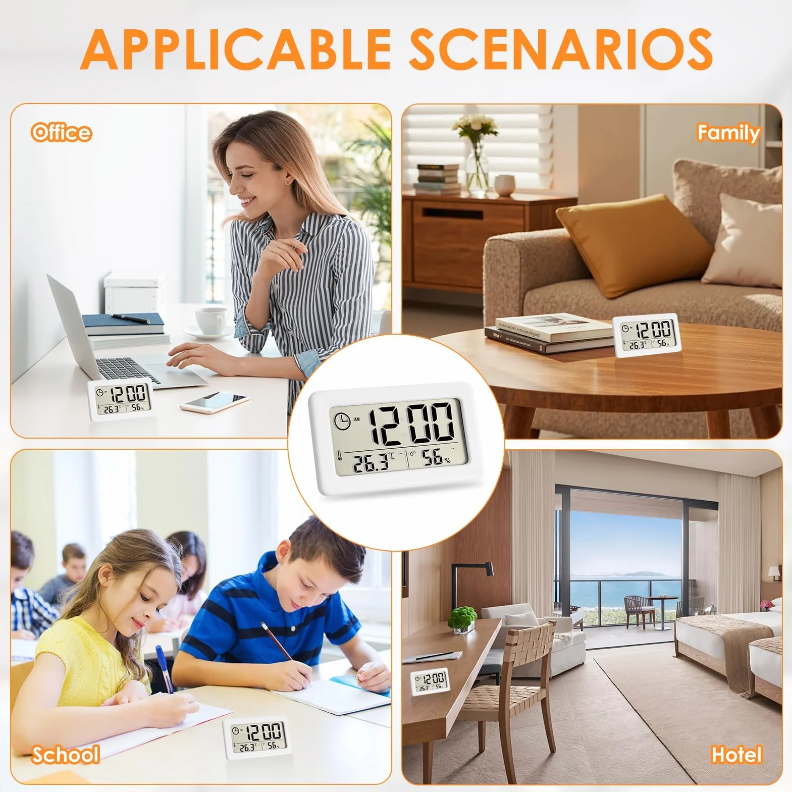 Termómetro Higrómetro Electrónico con Despertador Digital Inalámbrico Casa Reloj Pared para Mesita de Noche con Medidor Temperatura y Humedad 12/24 Horas Apto Habitacion y Sala Estar