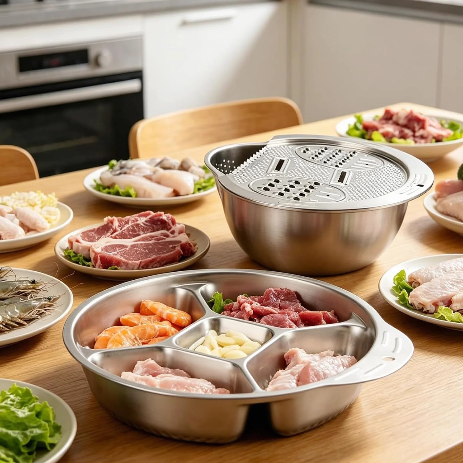 Juego de 3 Piezas de Acero Inoxidable, Colador para Lavar Arroz, Bandeja de Cuatro Rejillas y Rallador Multicuchilla para Preparar Ensaladas(A)