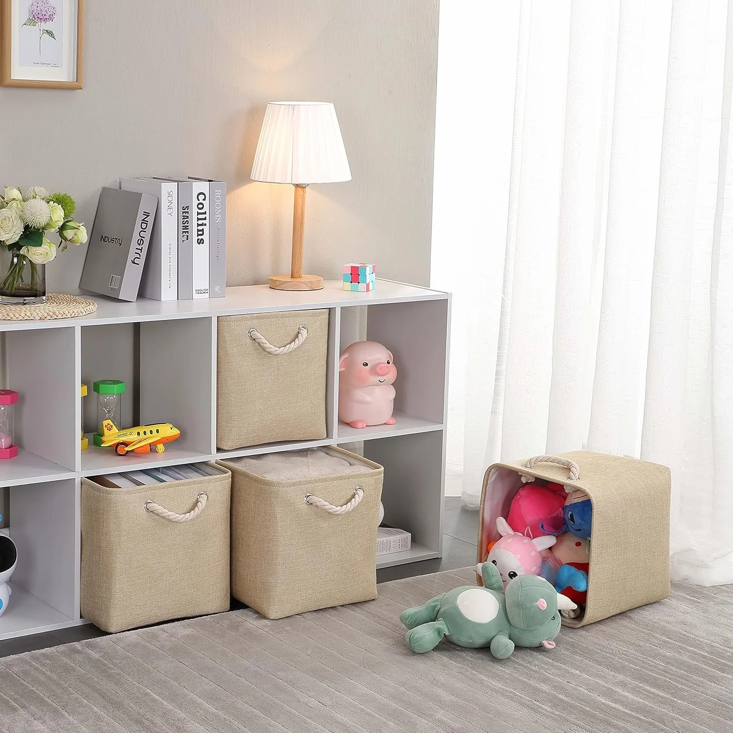 Mangata Cestas Almacenaje Plegables 33x38x33 cm Lona Engrosada Asas Cuerda Beige 4 Pack