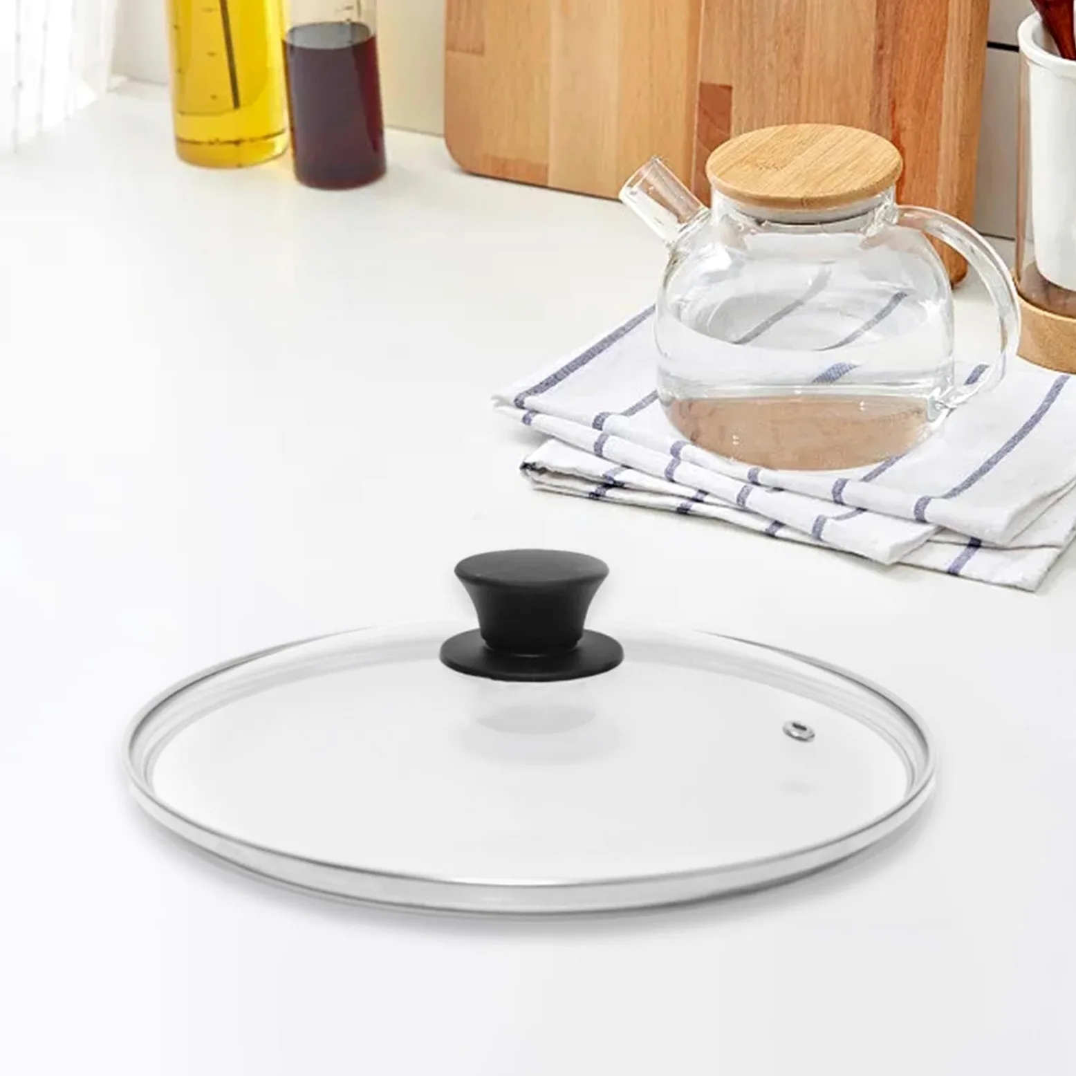 Tapa de Cristal 34 cm, Universal para Ollas y Sartenes, Tapa con Mango Termoplástico y Salida de Vapor, Tapa de Cristal Resistente al Calor, Apta para Lavavajillas