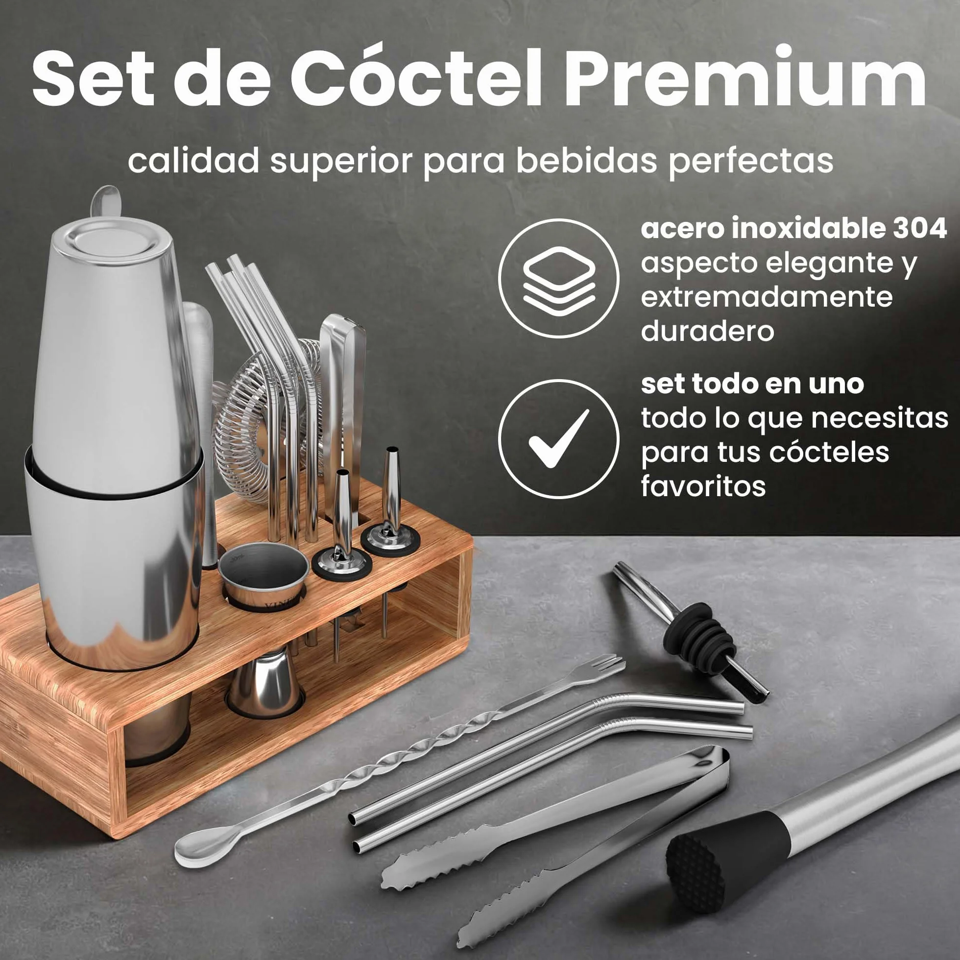 Coctelera Coctéles con Soporte Boston y Accesorios Profesional + Cóctel Recetas: Juego Coctelería de Calidad | Cocktail Shaker Set Fiesta Bar Kit: Martini Gin Tonic Mojito, Caja Regalo Mujer Hombre
