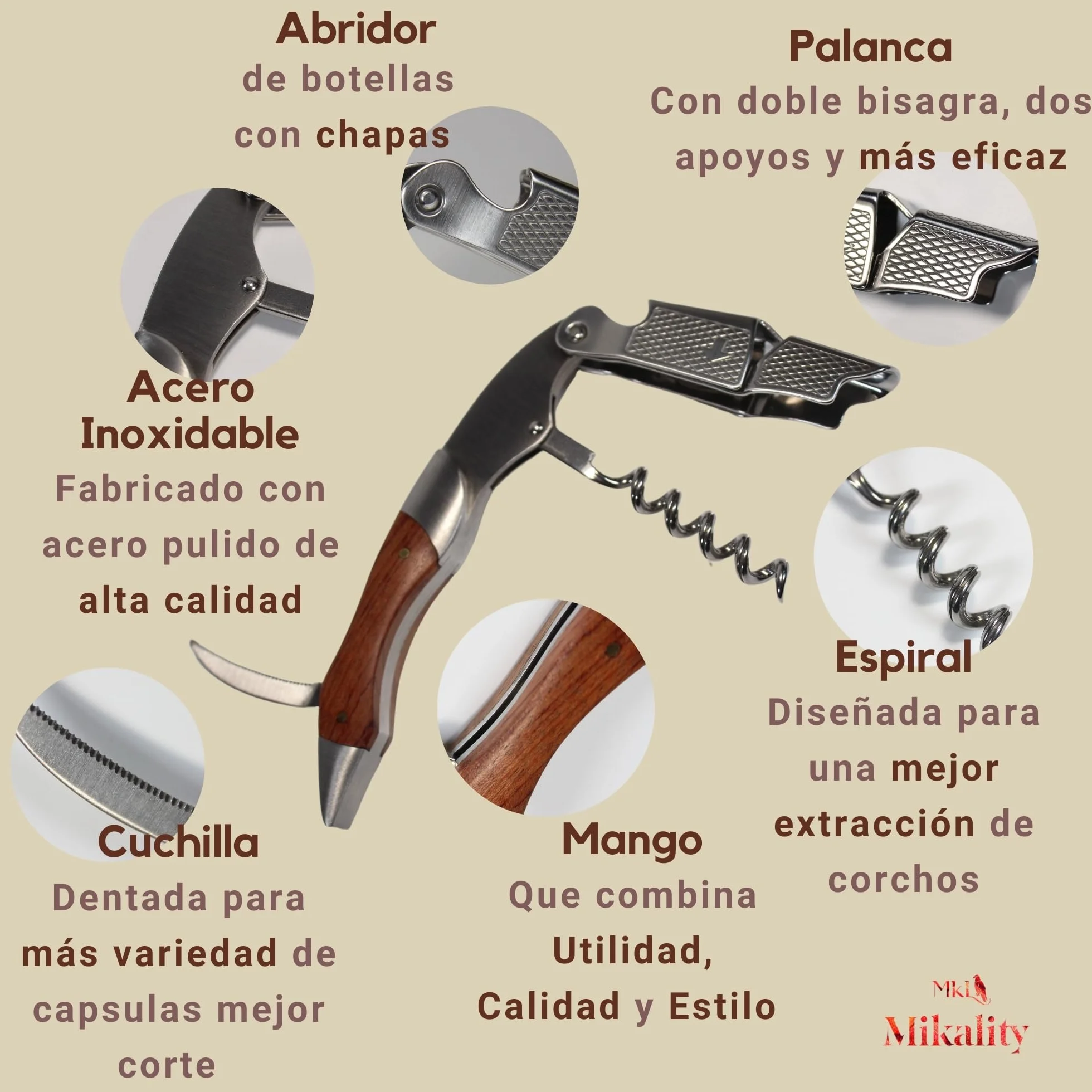 Abridor De Vino con funda, Sacacorchos Camarero, De Acero Inoxidable y Madera, Cuchilla Dentada, Abrebotellas, Accesorios De Vino profesional, Regalos, Cocina y Bar