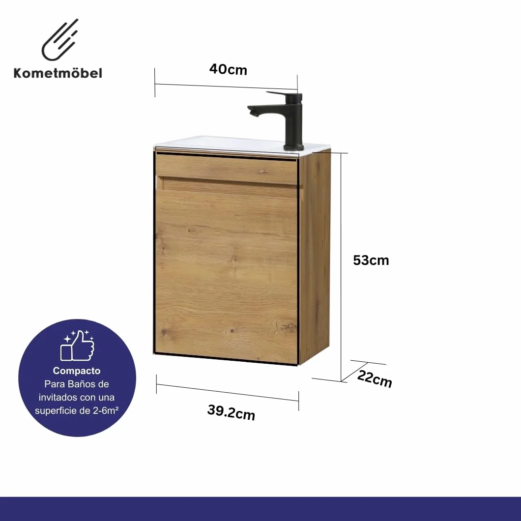 Conjunto Mueble de baño 40 cm con Lavabo y Espejo 100% montado de fábrica (Roble 40cm, con Espejo)