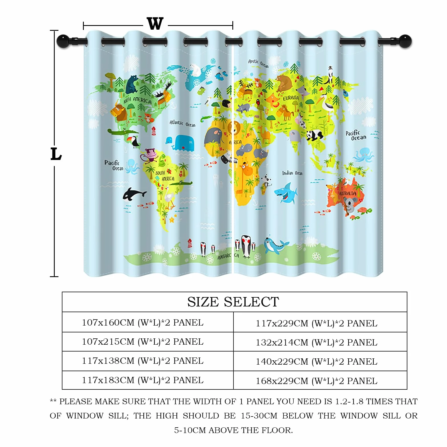 YONGFOTO 117x183cm Dibujos Animados Mapa Cortinas Opacas Global Ocean Cute Animal World Monumentos Baby Blue Maps por Sala Dormitorio Infantil Cortinas de Ventana, 2 Paneles con Ojal