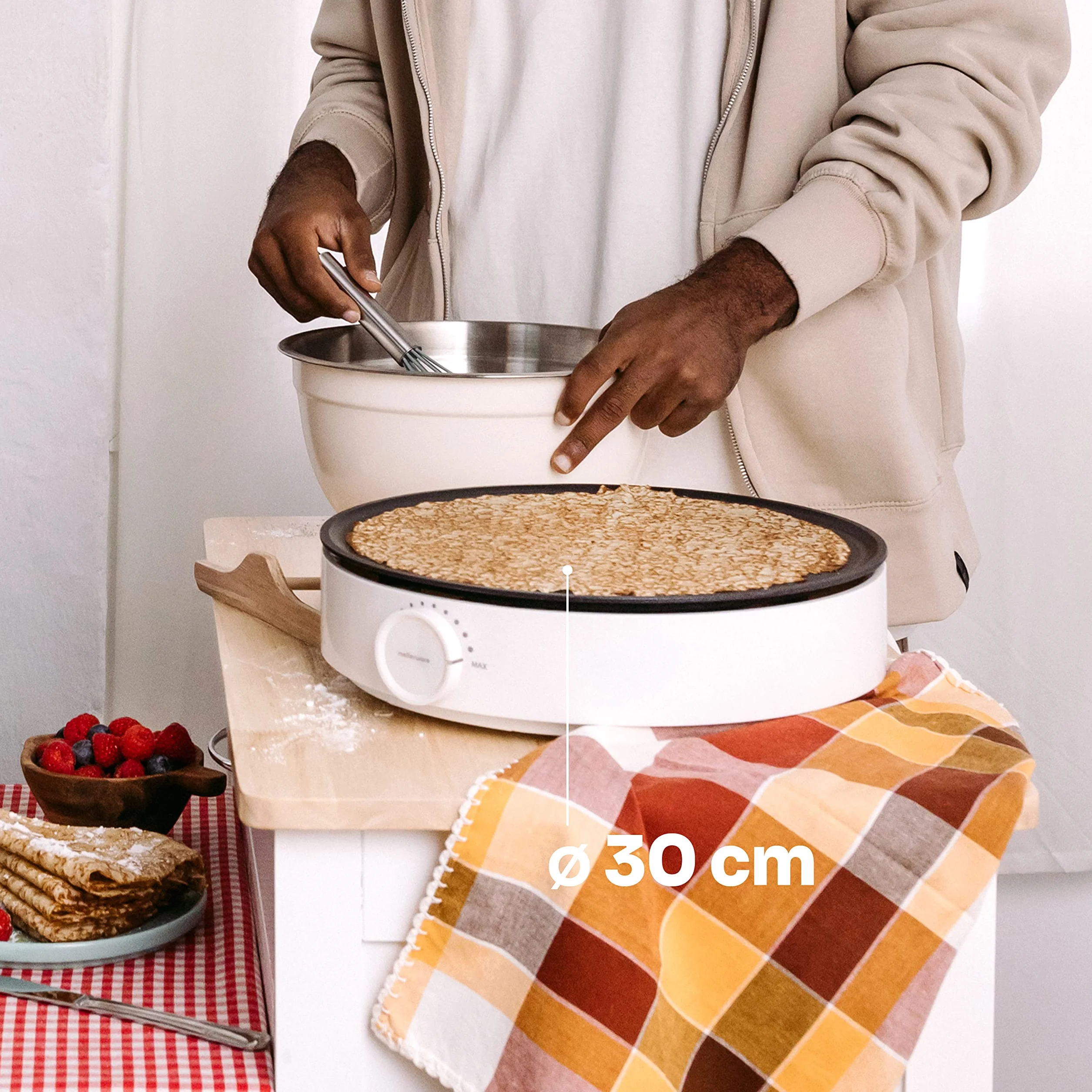 Mellerware - Crepera profesional Slurpy! 1200W | Superficie Antiadherente | Maquina electrica crepes | Termostato regulable | Esparcidores de Madera | Portatil | Maker de comida americana | Blanco