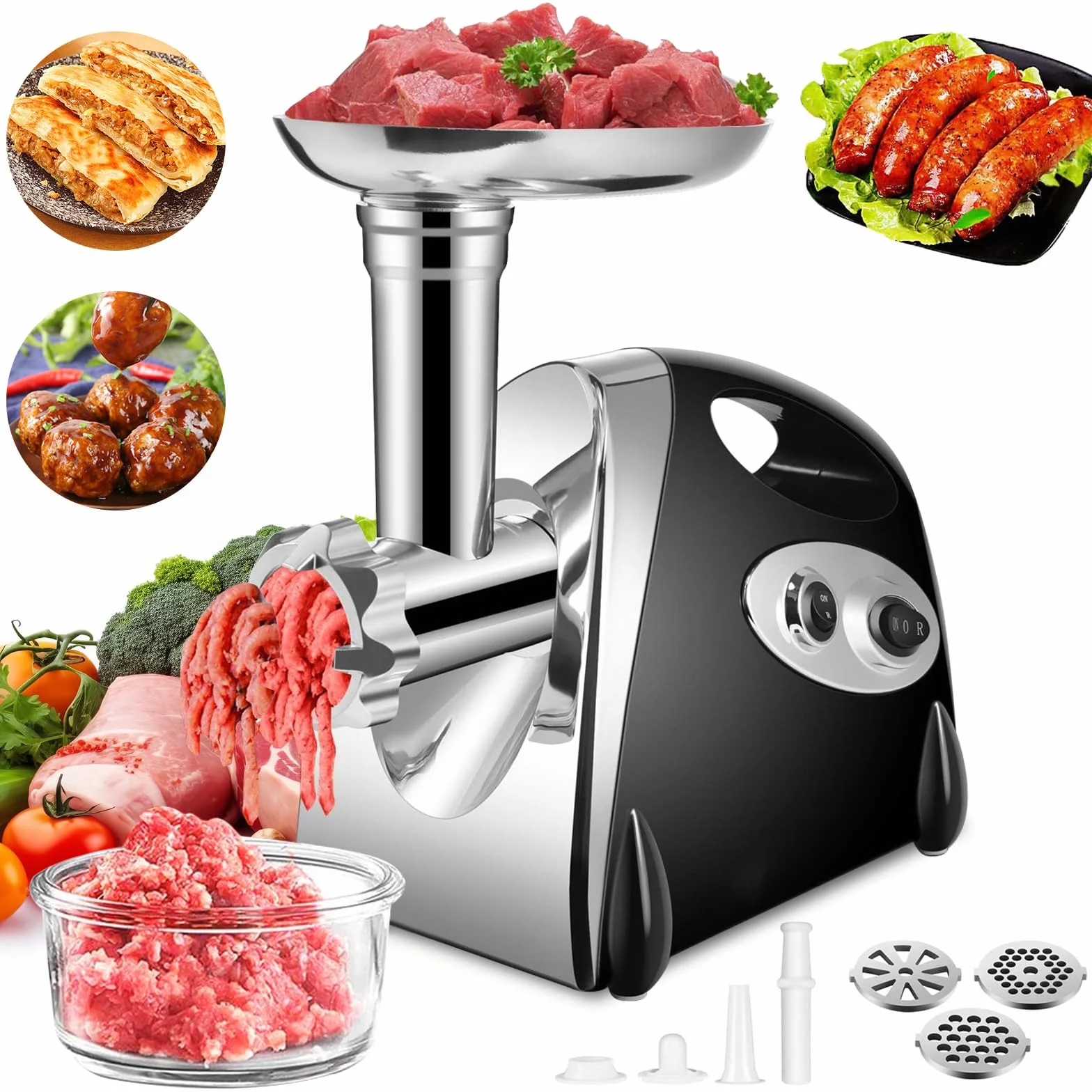 SINZUX Picadora de Carne y Salchichera Eléctrica, 2800 W Enchufe para Picar Carne y Salchichas, Gira Hacia Adelante y Hacia Atrás, con 3 Placas de Corte Diferentes (Negro)