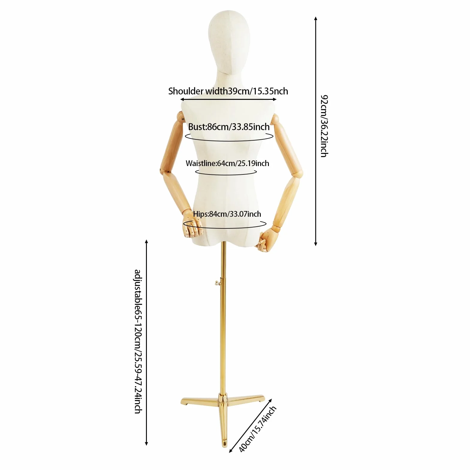 Maniquí femenino con pantalla de cuerpo de maniquí de altura ajustable con brazos flexibles (dorado, 157 cm - 215 cm)