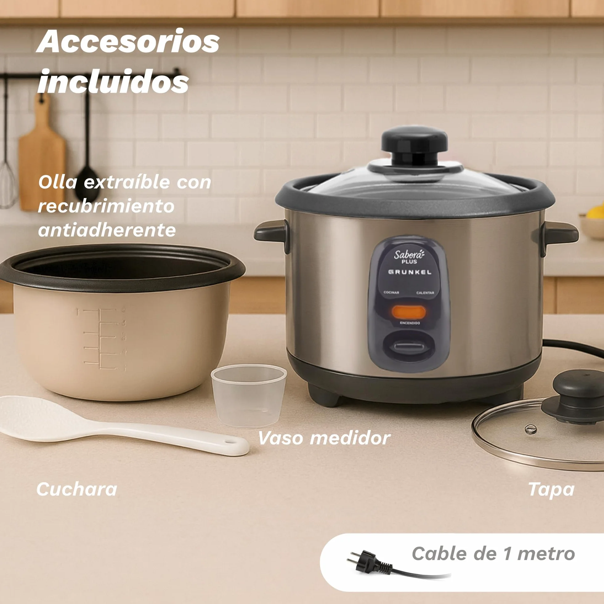 GRUNKEL - Arrocera Eléctrica RC-18L 700W | Capacidad 1,8 Litros | Función Mantener Calor | Cubeta Antiadherente | Exterior Acero Inoxidable | Indicadores Luminosos