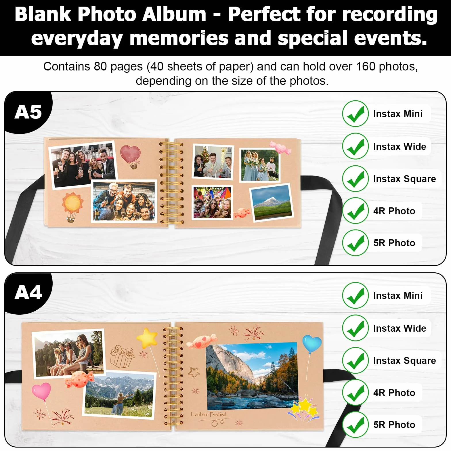 Album de Fotos Scrapbook Espiral 80 Páginas para Pegar y Escribir - 215 * 150mm DIY Scrapbooking Album para Bebé y Regalo de Cumpleaños