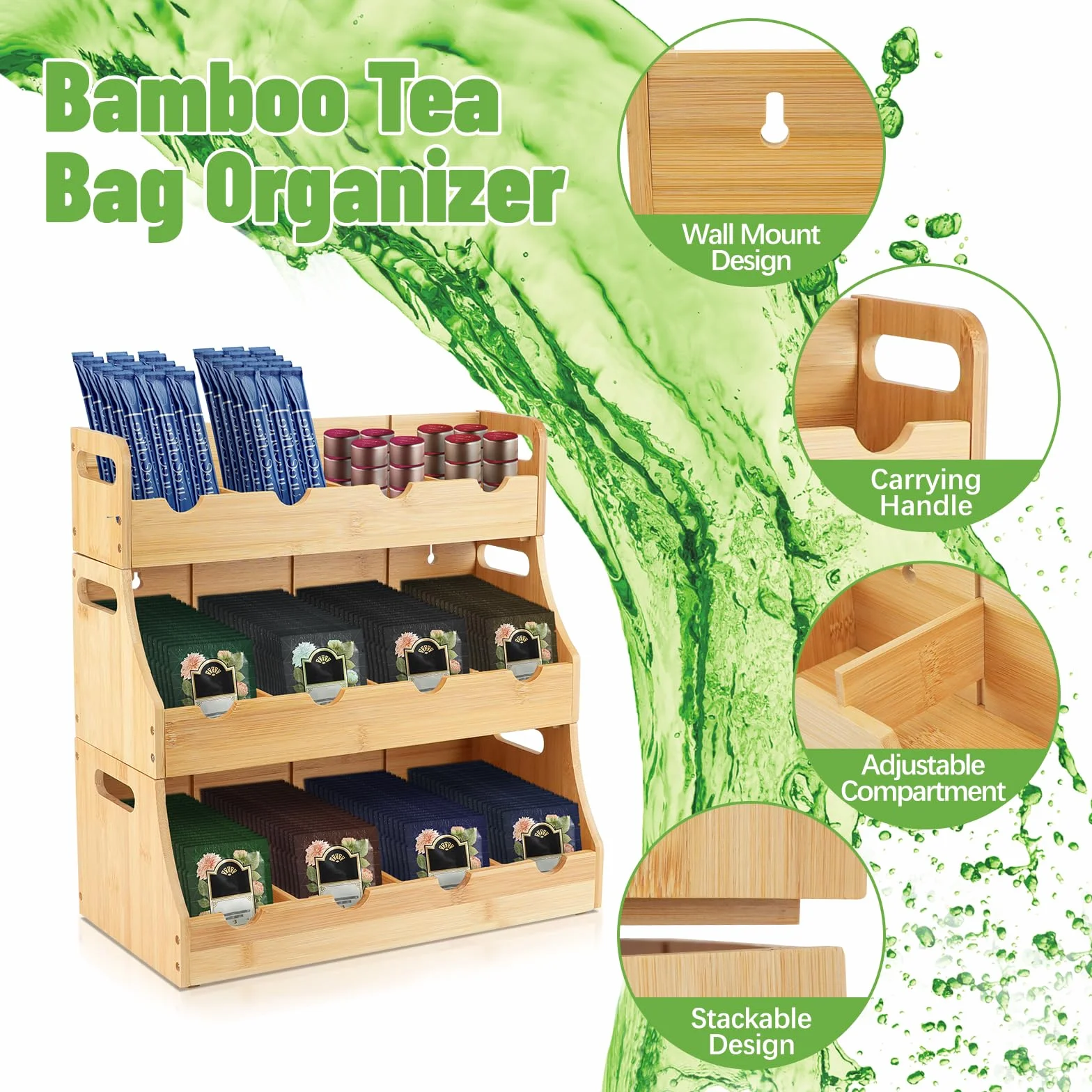 Organizador de Bolsas de Té De Vertical de Bambú, Apilable de 3 Niveles Caja Infusiones, para Colgar En La Pared Caja Te De con 12 Compartimentos Extraíbles para Bolsas De Té Café Azúcar