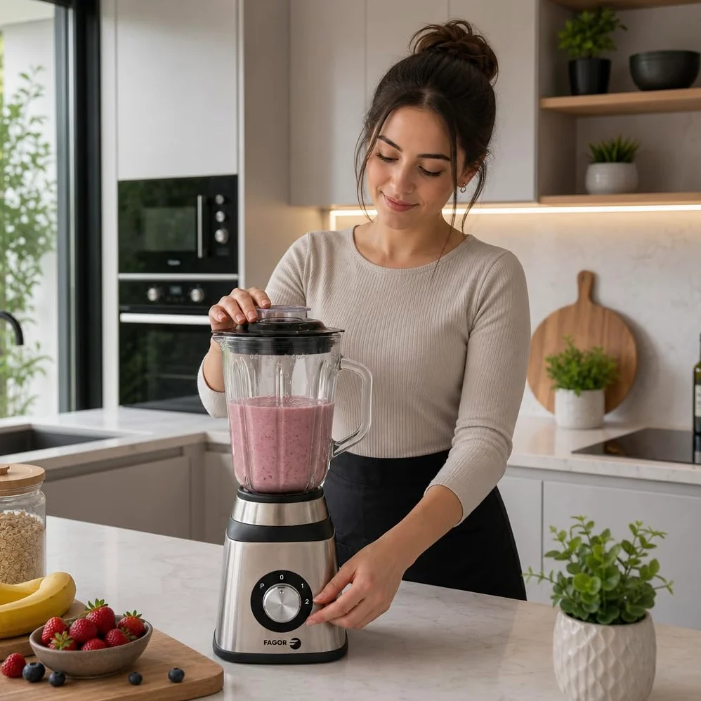 Batidora de Vaso 1,5L con Jarra de Cristal, Batidora Smoothies y Batidos, 2 Velocidades + Pulse, Cuchillas Acero Inoxidable, Blender para Fruta, Cremas y Salsas, Fácil Limpieza, FAGOR Coolmix One.
