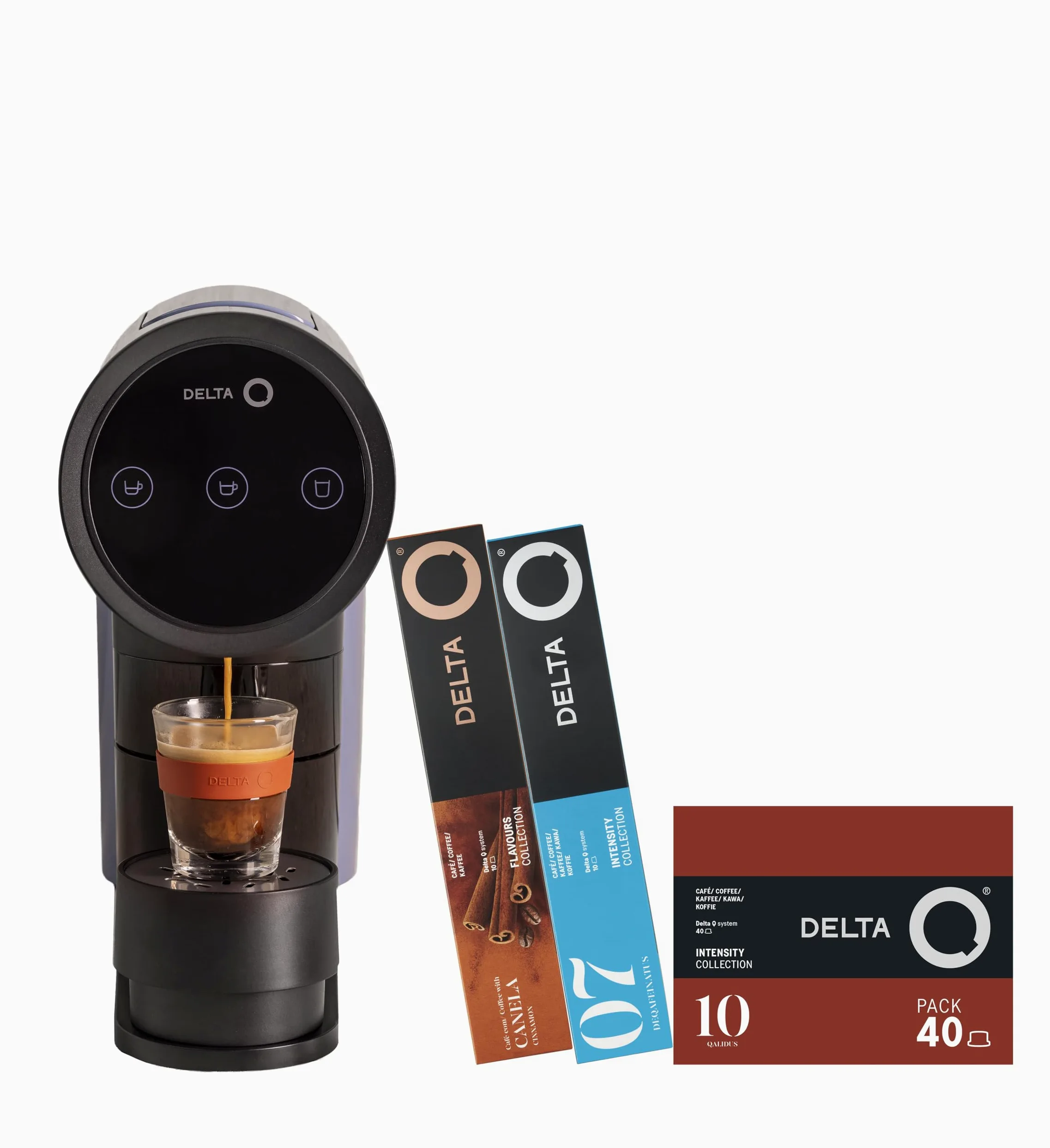 Delta Q | Cafetera Cápsulas IconiQ Negra + 60 Cápsulas Café | Inluye 40 Intensidad 10 + 10 Descafeinado + 10 Café con Canela