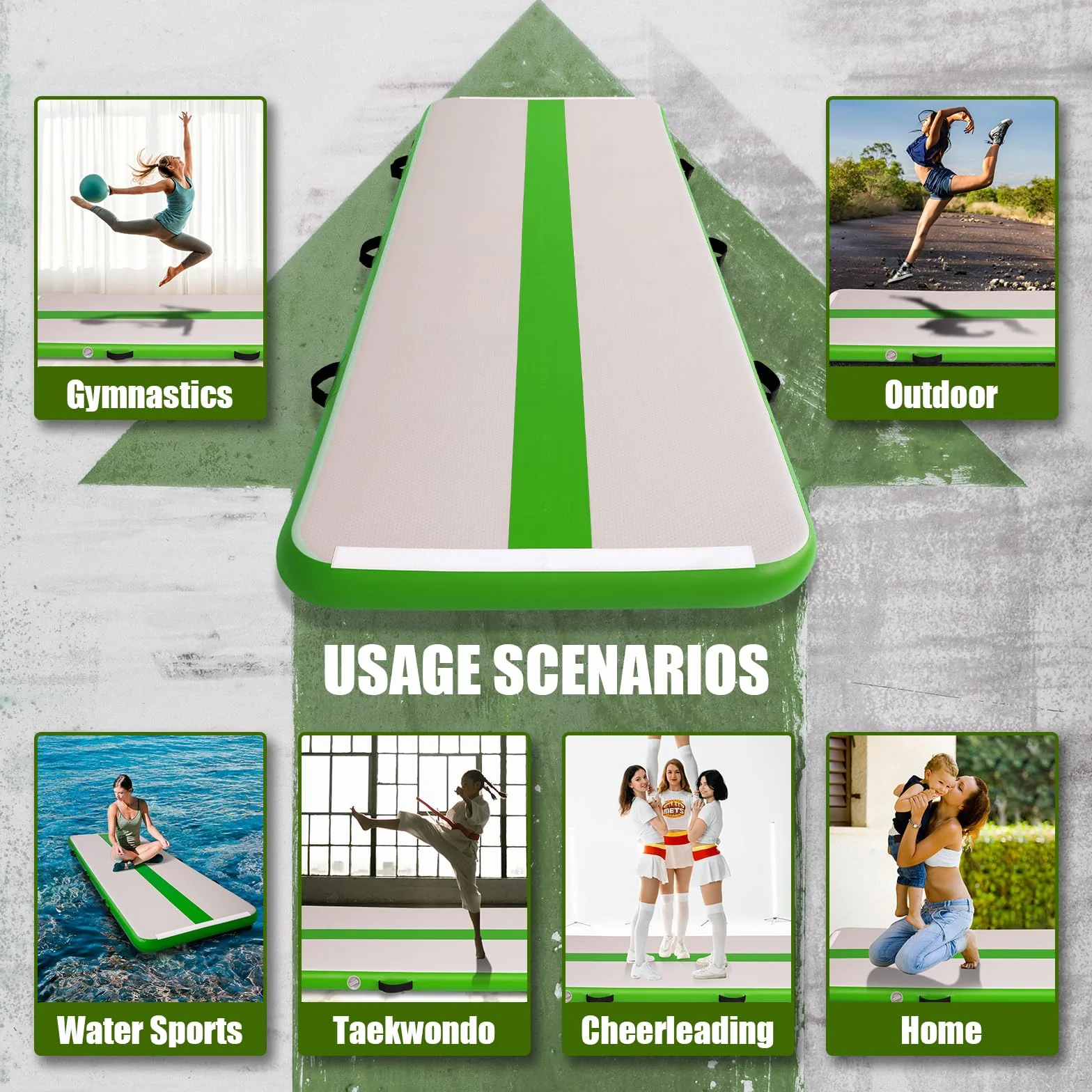 FEATH-R-LITE Colchoneta inflable de gimnasia de 10 pies, 4 pulgadas de grosor, para gimnasia, yoga, porristas con bomba eléctrica